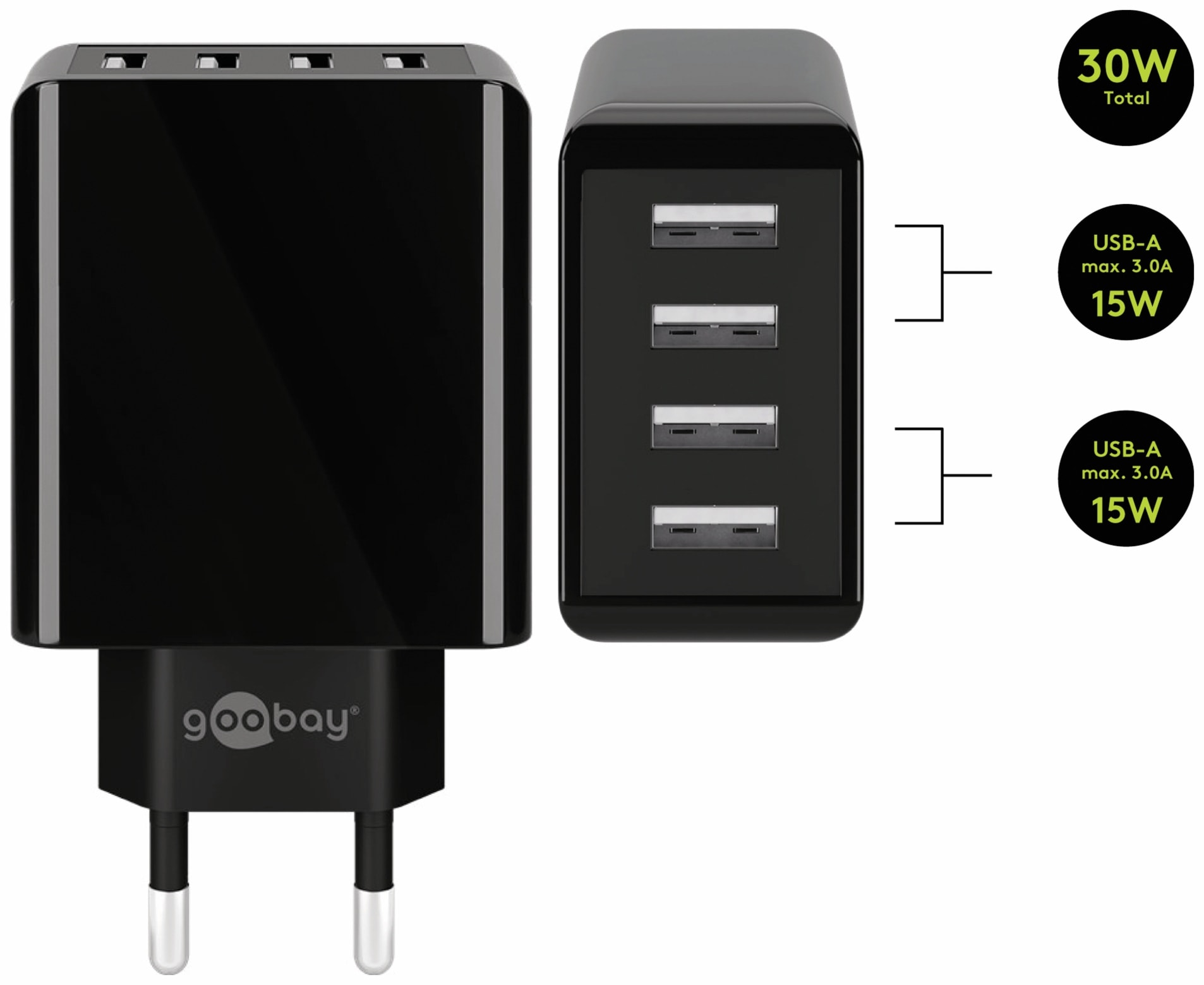 GOOBAY USB-Lader 44953, 4-fach, 3 A, 30 W, schwarz