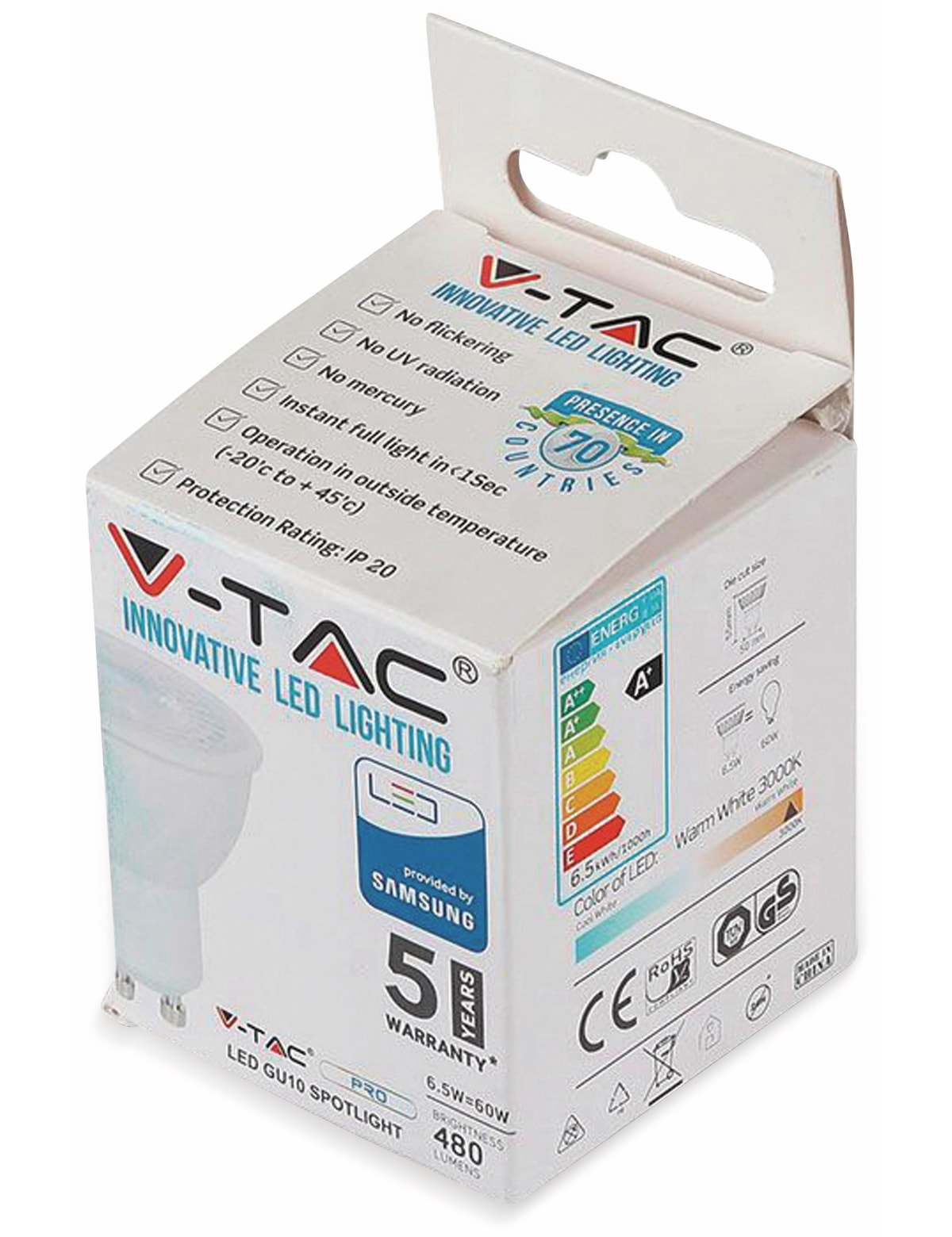 V-TAC LED-Lampe VT-247 (192), GU10, EEK: G, 6,5 W, 480 lm, 3000 K, 10 Stück