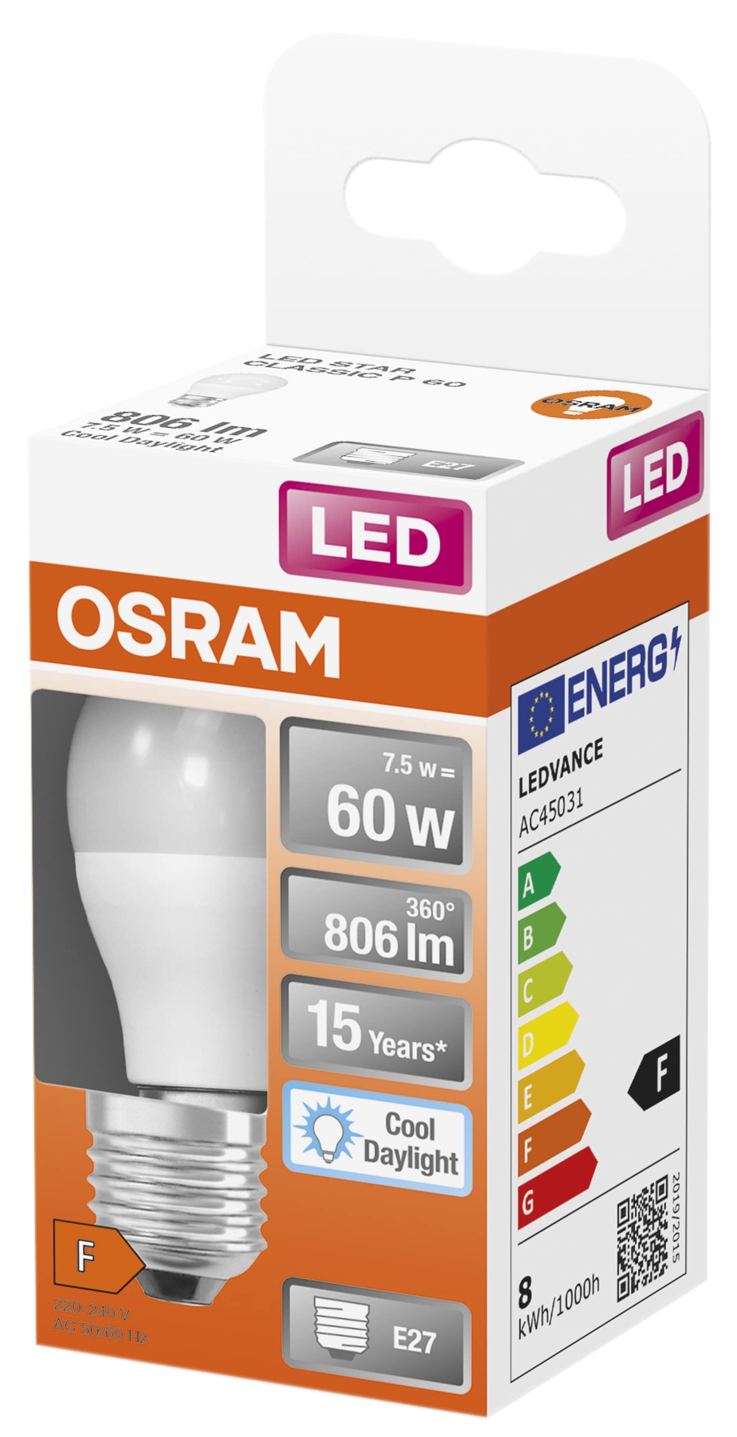 OSRAM LED-Lampe Star Classic, P60, E27, EEK: F, 7,5 W, 806 lm, 6500 K