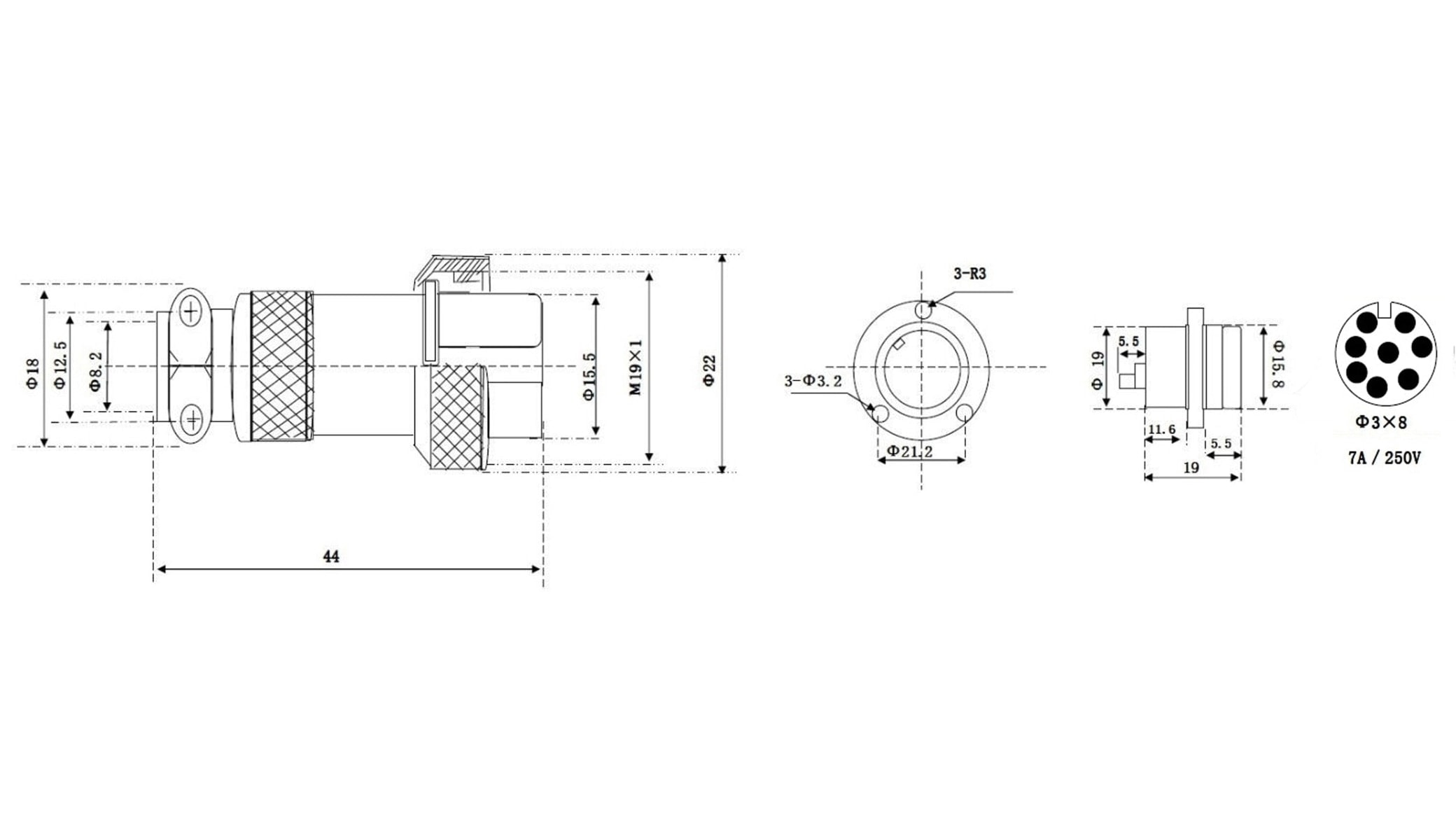 Hochstrom Einbaustecker-Set, 8-polig, Ø 19 mm, mit Abdeckkappe