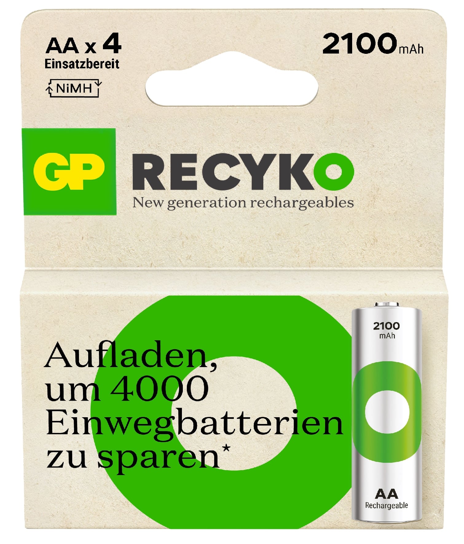 GP ReCyKO NiMH Akku Mignon, AA, HR06 1,2V/2100mAh, 4 Stück 