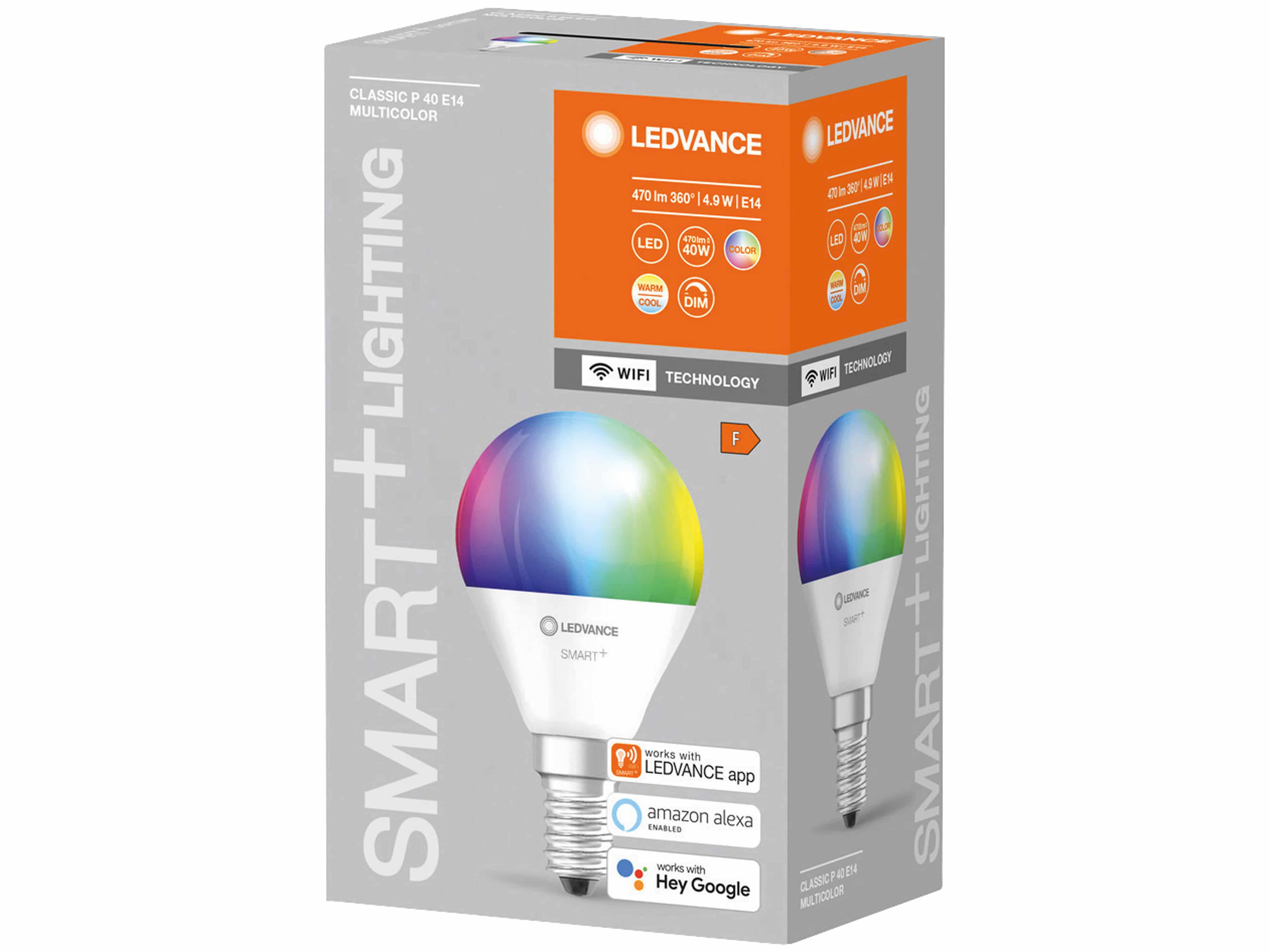 LEDVANCE LED-Lampe SMART+ WiFi Mini bulb, P46, E14, EEK: F, 4,9 W, 470 lm, 2700…6500 K, RGBW, Smart