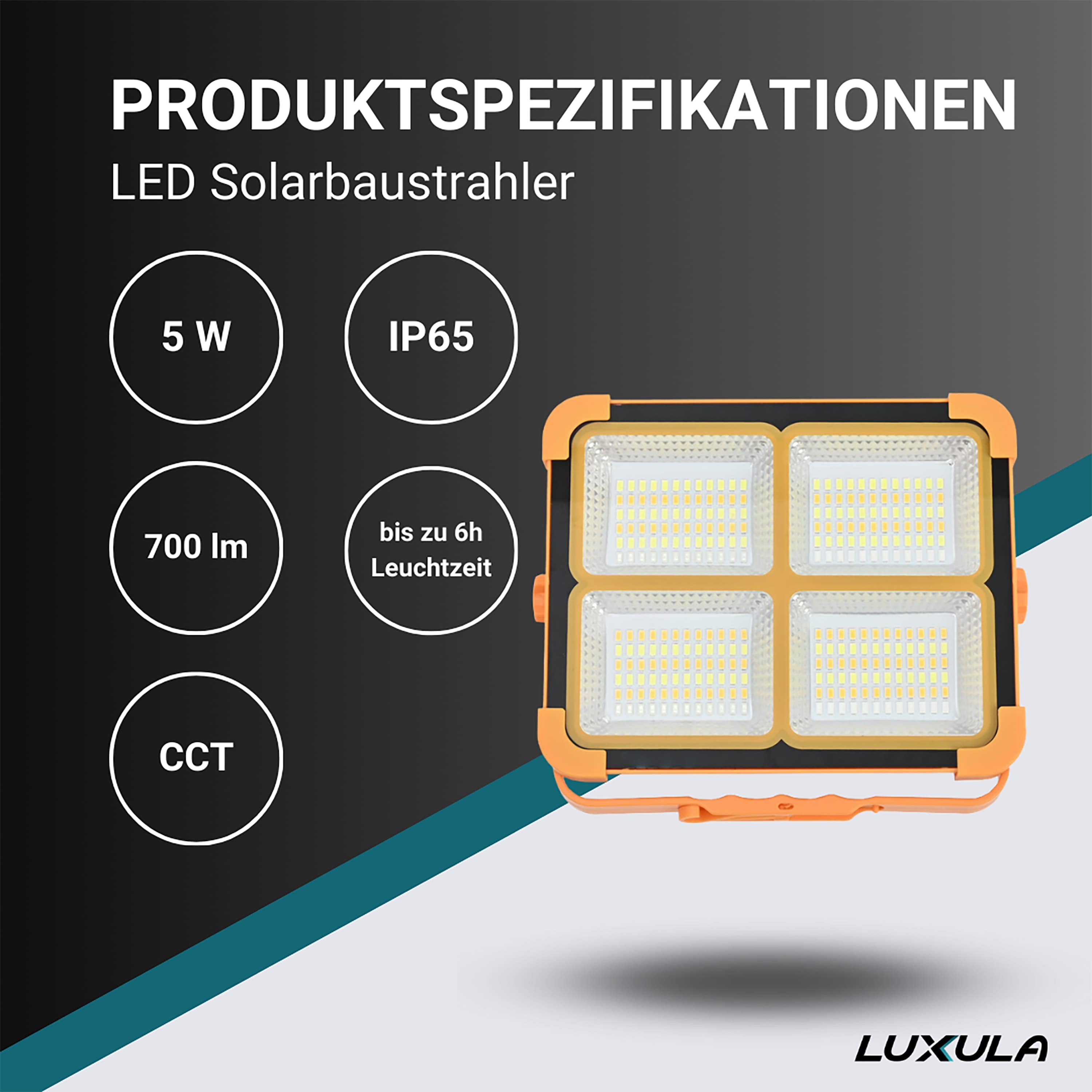 LUXULA Solar-Led-Baustrahler LXSO400110, Akku, CCT, IP65, Magnet-und Hängefuntion