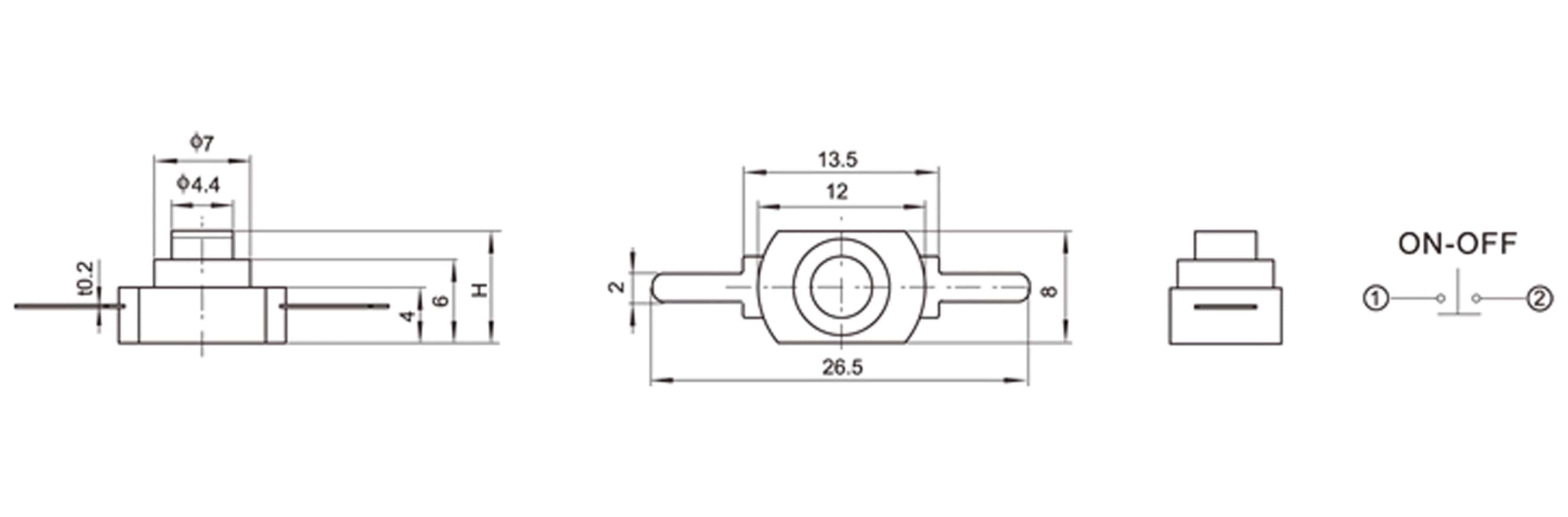 Miniatur-Druckschalter YT-1208-YD, 12x8 mm, Ein/Aus