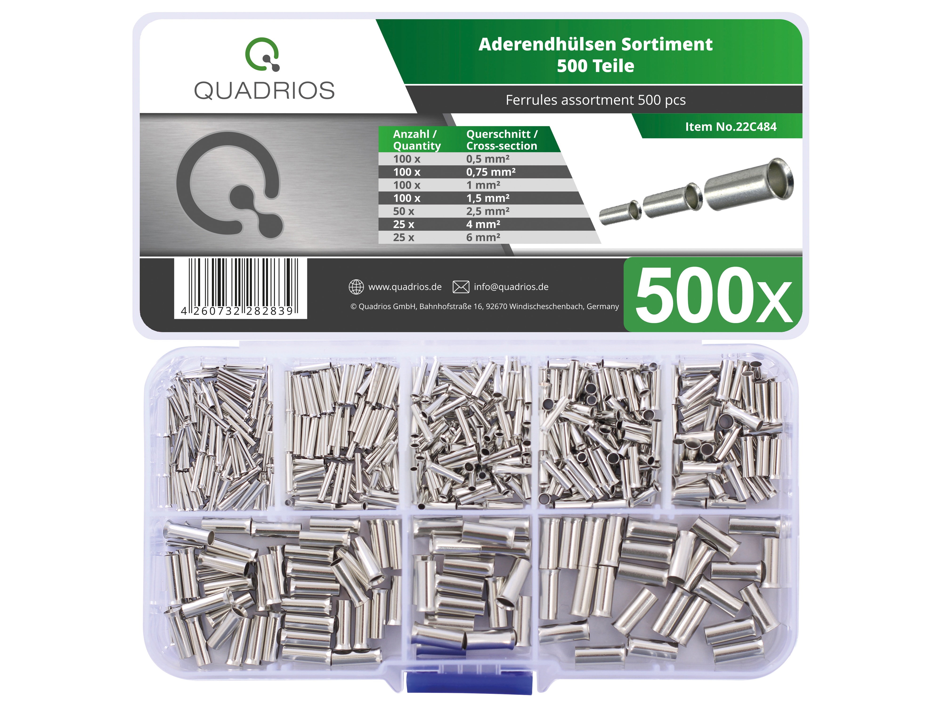 QUADRIOS Aderendhülsen-Set, 22C484, 0,5-6 mm², Unisoliert, 500 St.