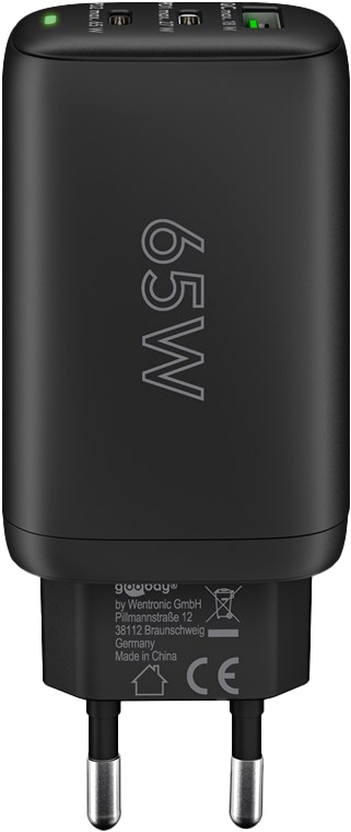 GOOBAY USB-Lader 61760, 3-fach, 3 A, 65 W, 2x USB-C PD, 1x USB-A QC, schwarz