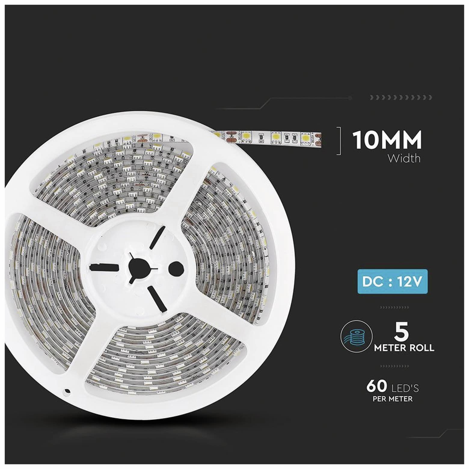 V-TAC LED-Strip VT-5050, 300 LEDs, 5 m, 12V, IP 65, 4000 K