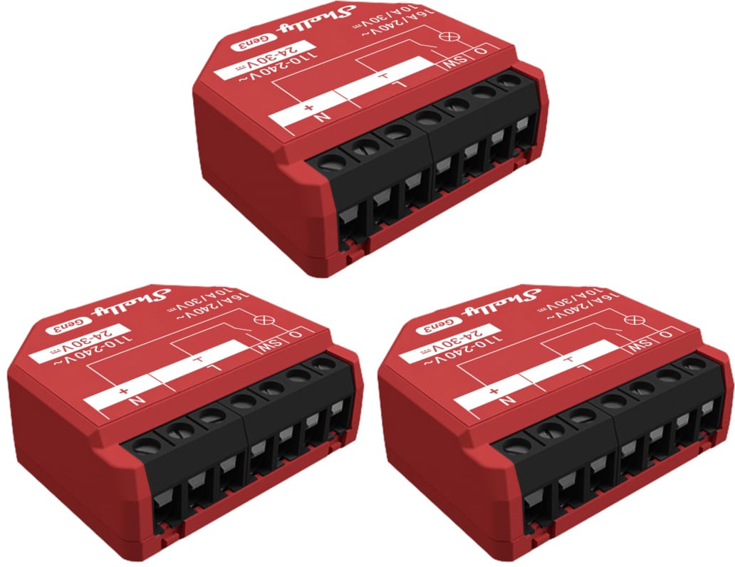 SHELLY Smart-Schalter 1PM Gen3, Relais, Unterputz, 1 Kanal, max. 16 A, WLAN, Bluetooth, 3 Stück