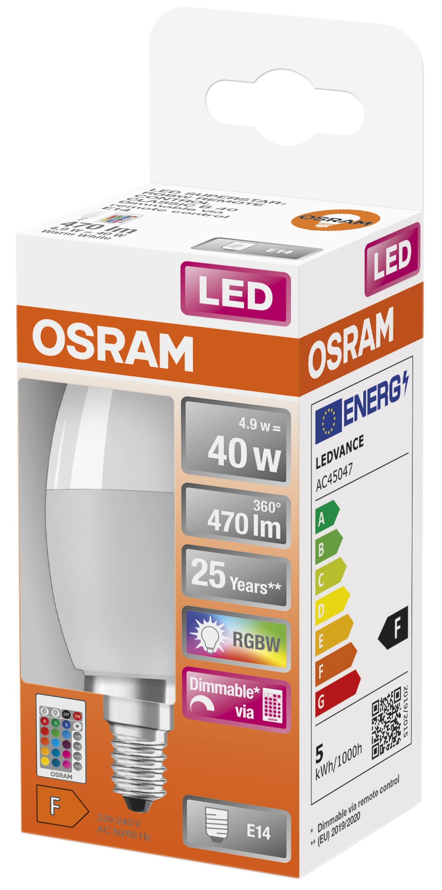 OSRAM LED-Lampe Superstar Classic, B40, E14, EEK: F, 4,9 W, 470 lm, 2700 K, RGBW