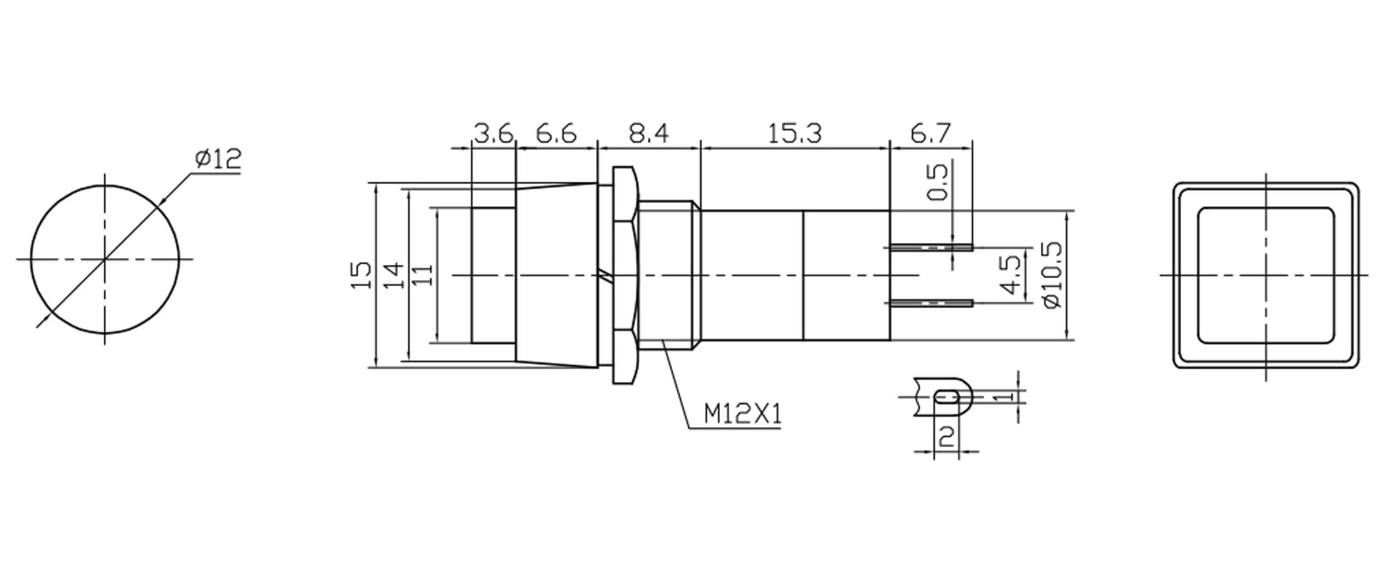 Einbau-Druckschalter PBS-12A, quadratisch, Ein/Aus, gelb