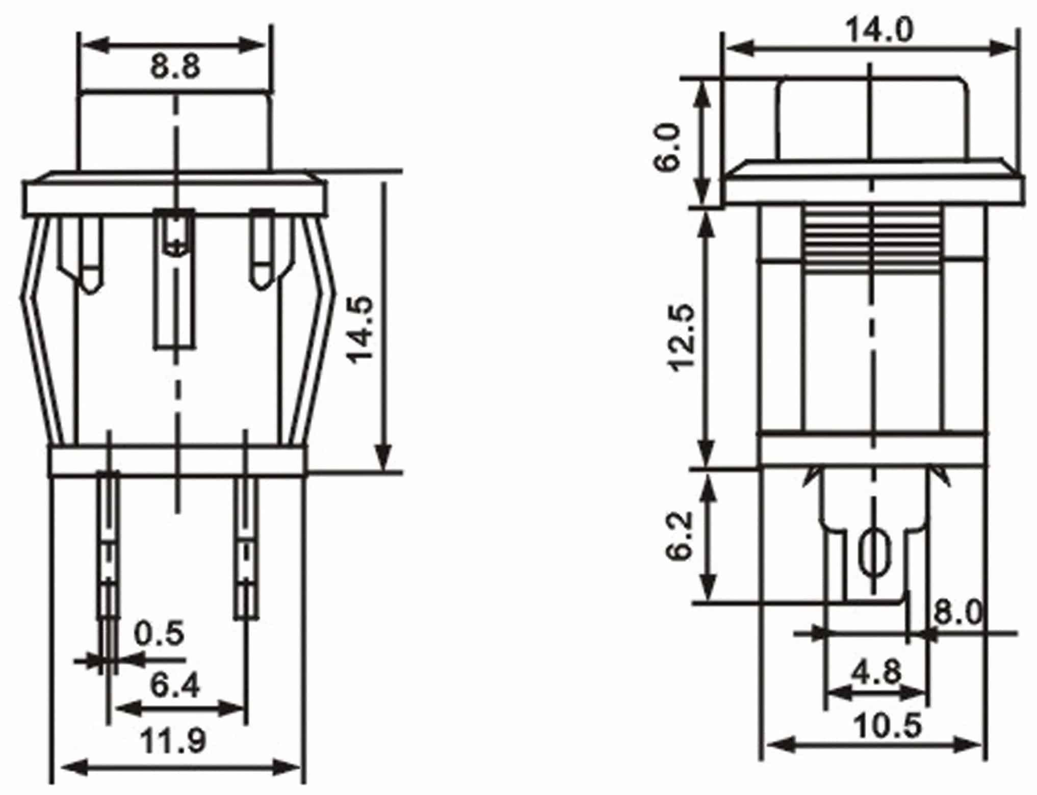 Snap-in Drucktaster mit Lötösen, 14x14 mm, grün