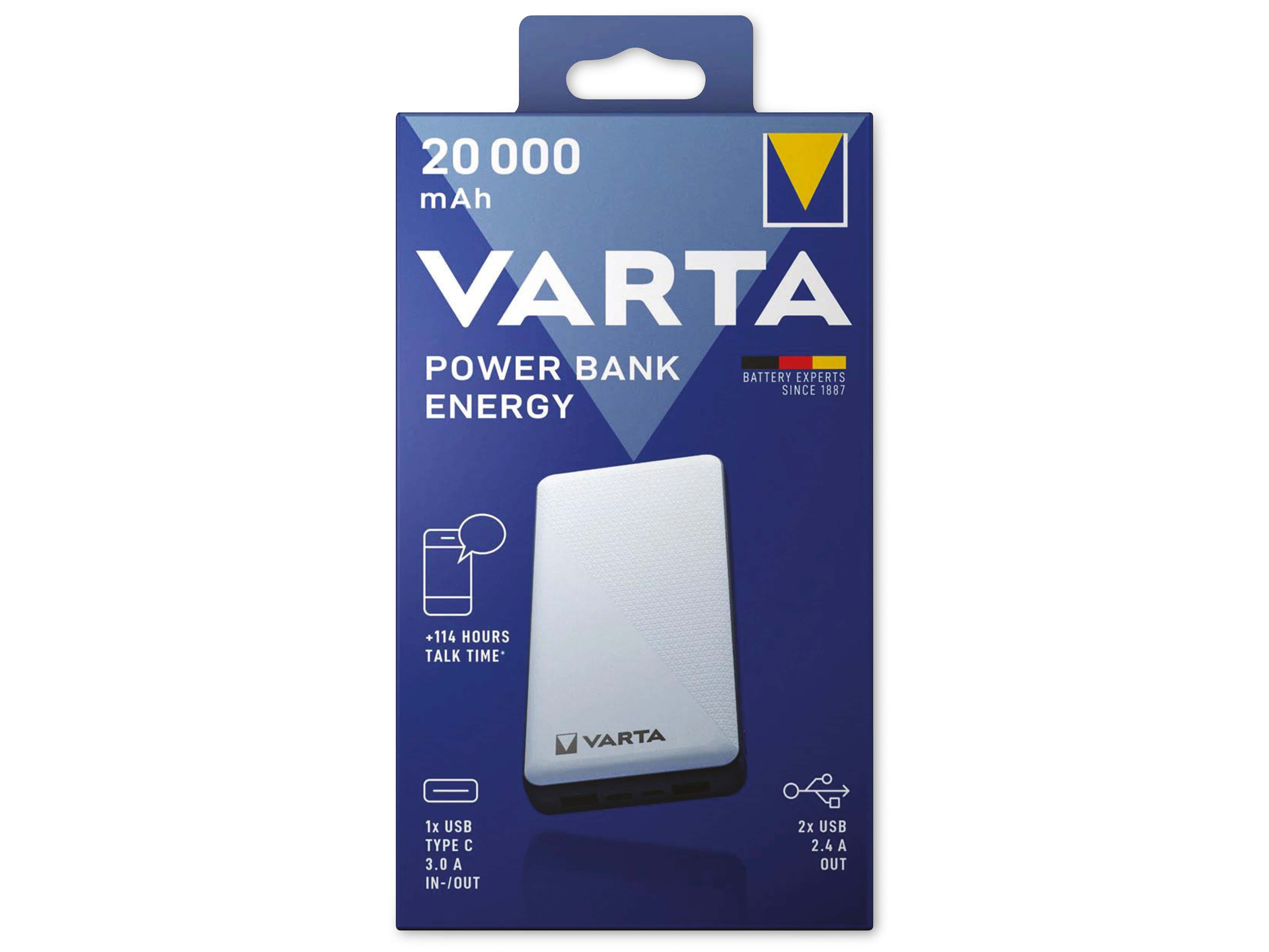 VARTA Energy USB-Powerbank 20000, 20.000mAh, 2xUSB-A, 1xUSB-C, 1xMicro