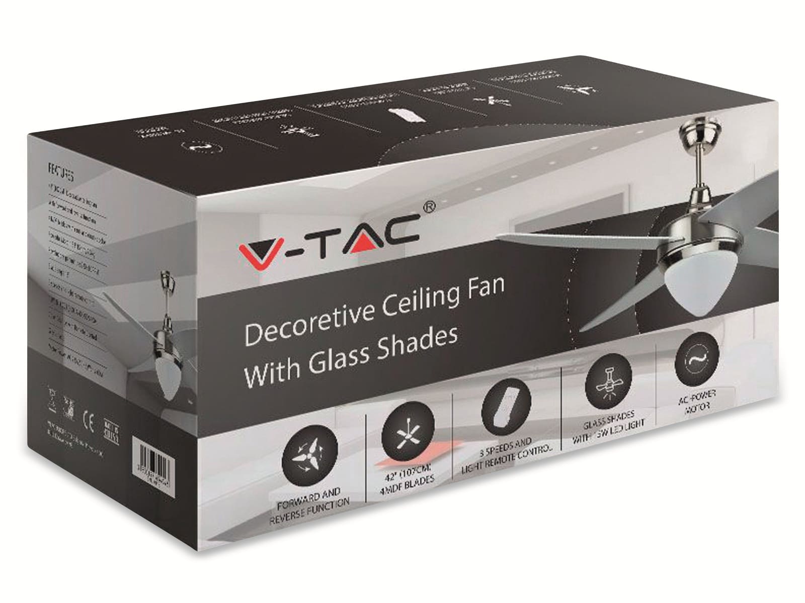V-TAC LED-Deckenventilator VT-6043, EEK: F, 60 W, 1500 lm, 2200…5000K, 1060 mm, silber
