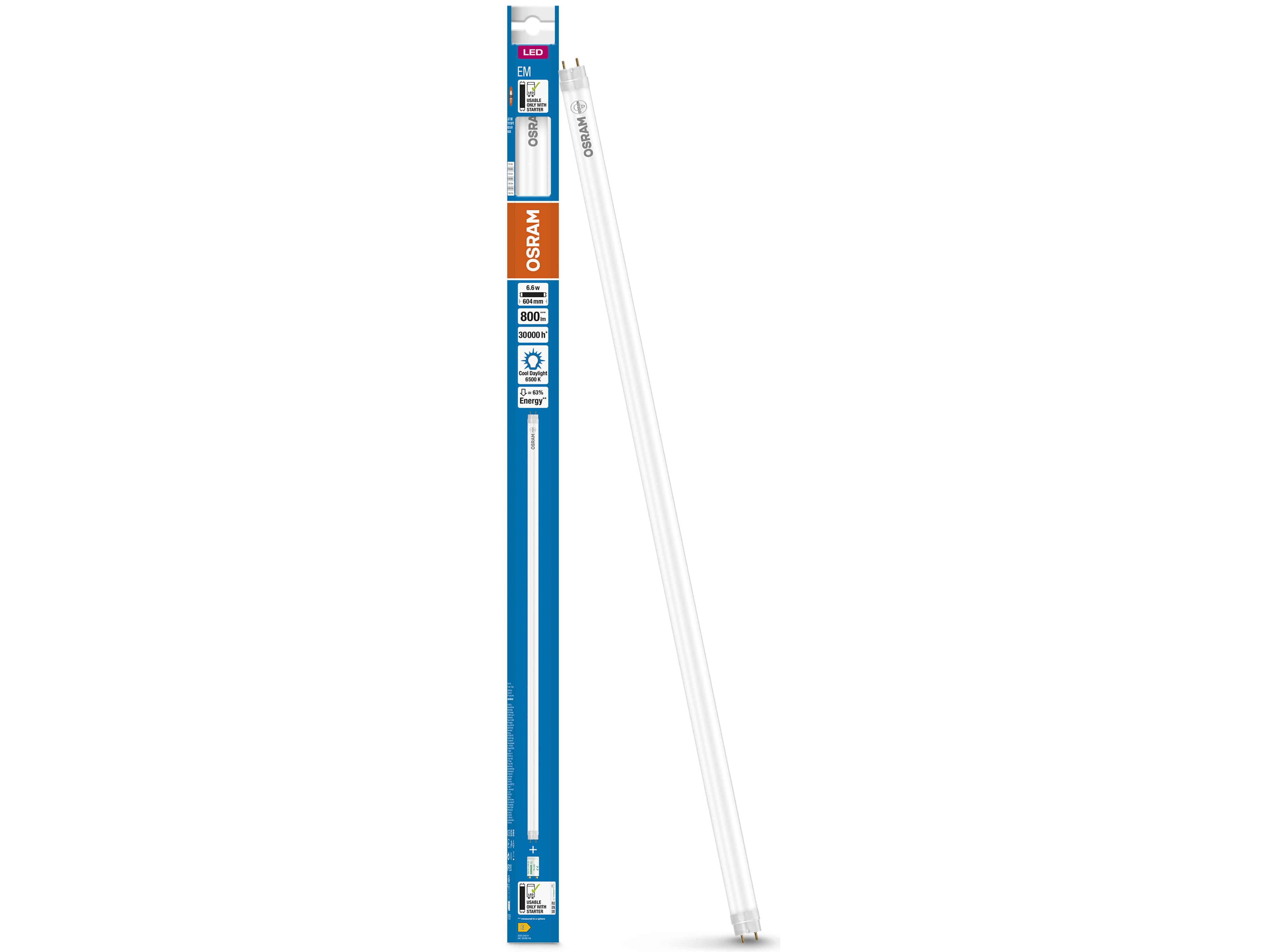 OSRAM LED-Röhre, T8, 600mm, G13, EEK: E, 6,6W, 800lm, 6500K, PC