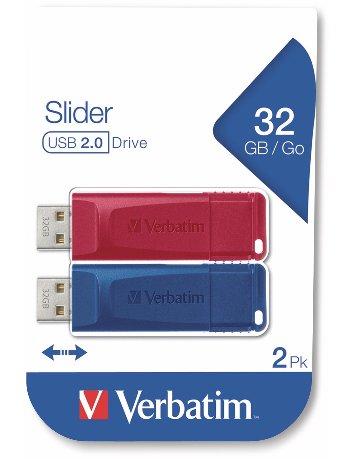 Verbatim USB 2.0 Stick Store N Go Slider, 32GB, rot/blau, 2er Pack