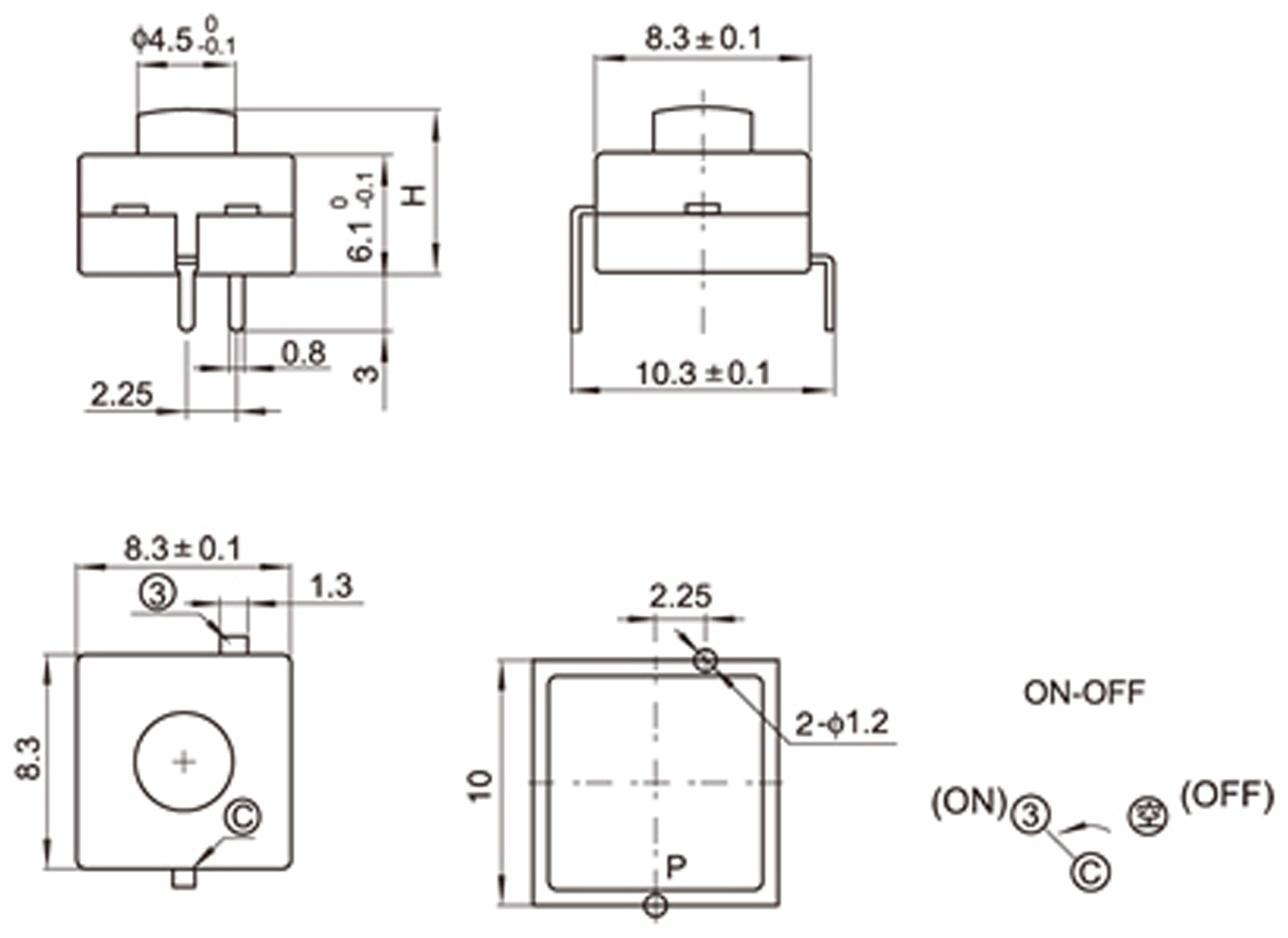 Miniatur-Druckschalter YT-8008-112A, 8,3x8,3 mm, Ein/Aus