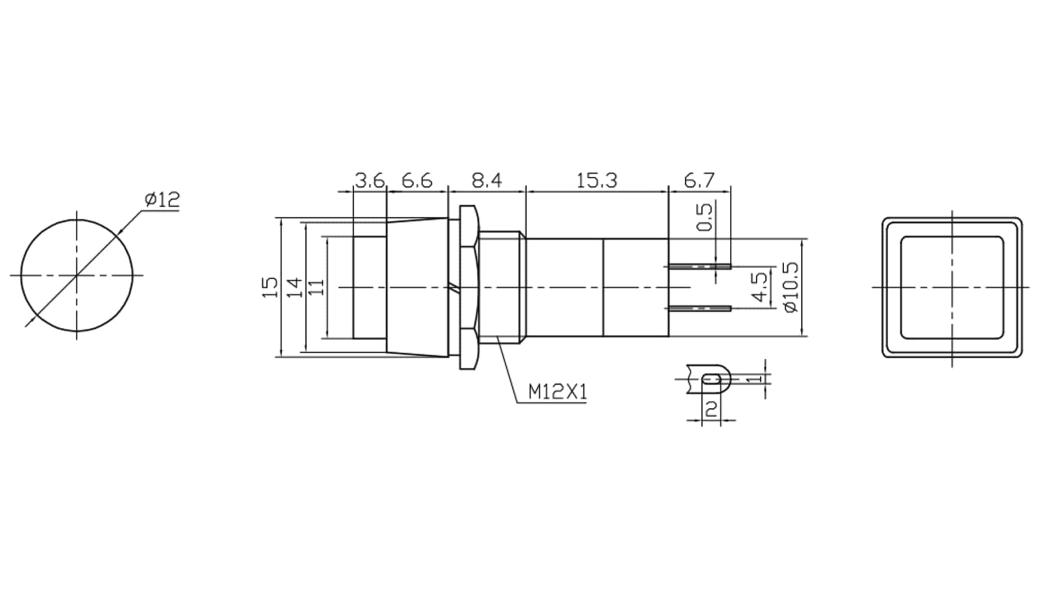 Einbau-Drucktaster PBS-12C, quadratisch, Öffner, rot