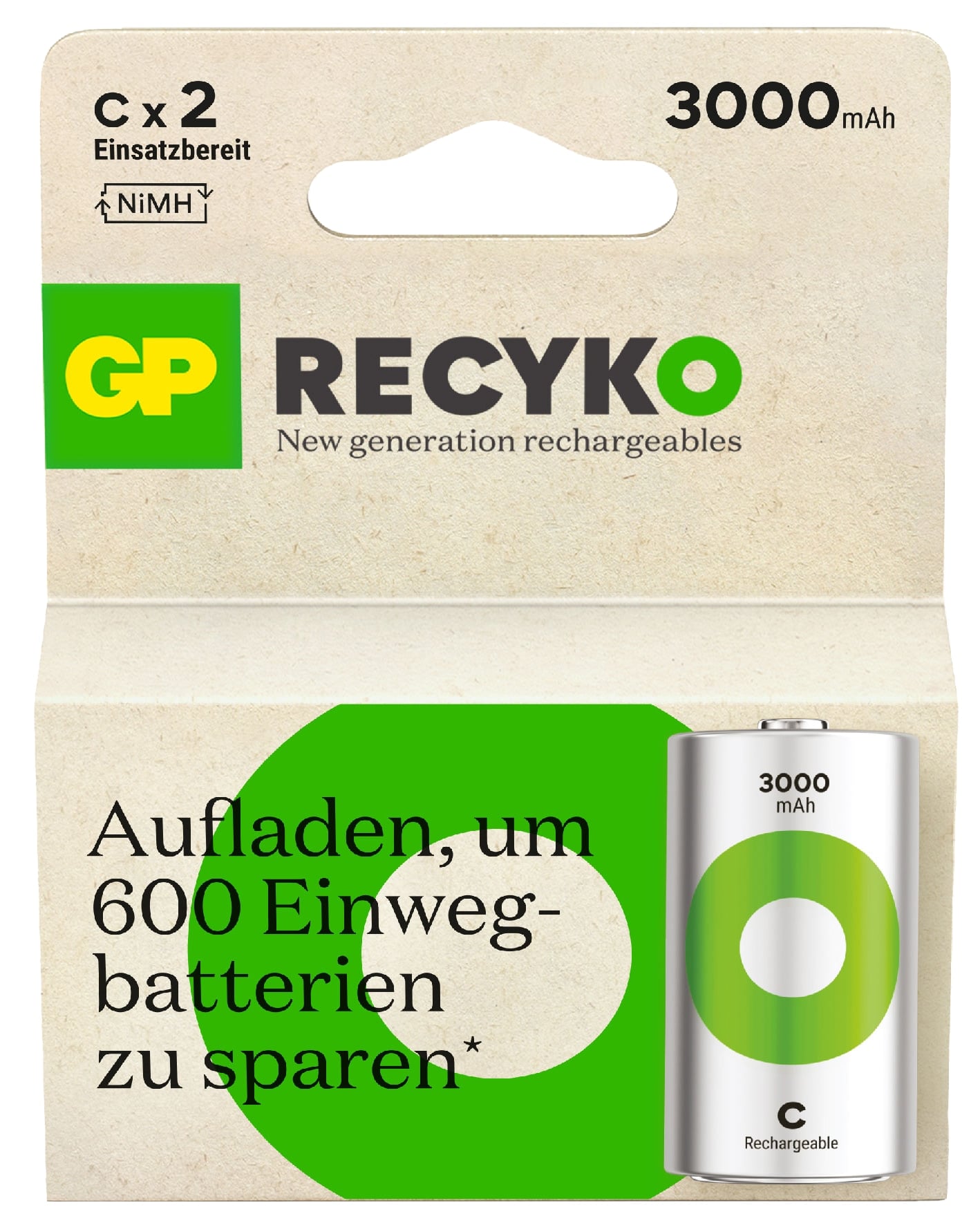 GP ReCyKO NiMH Akku Baby, C,HR14  1,2V/3000mAh, 2 Stück 