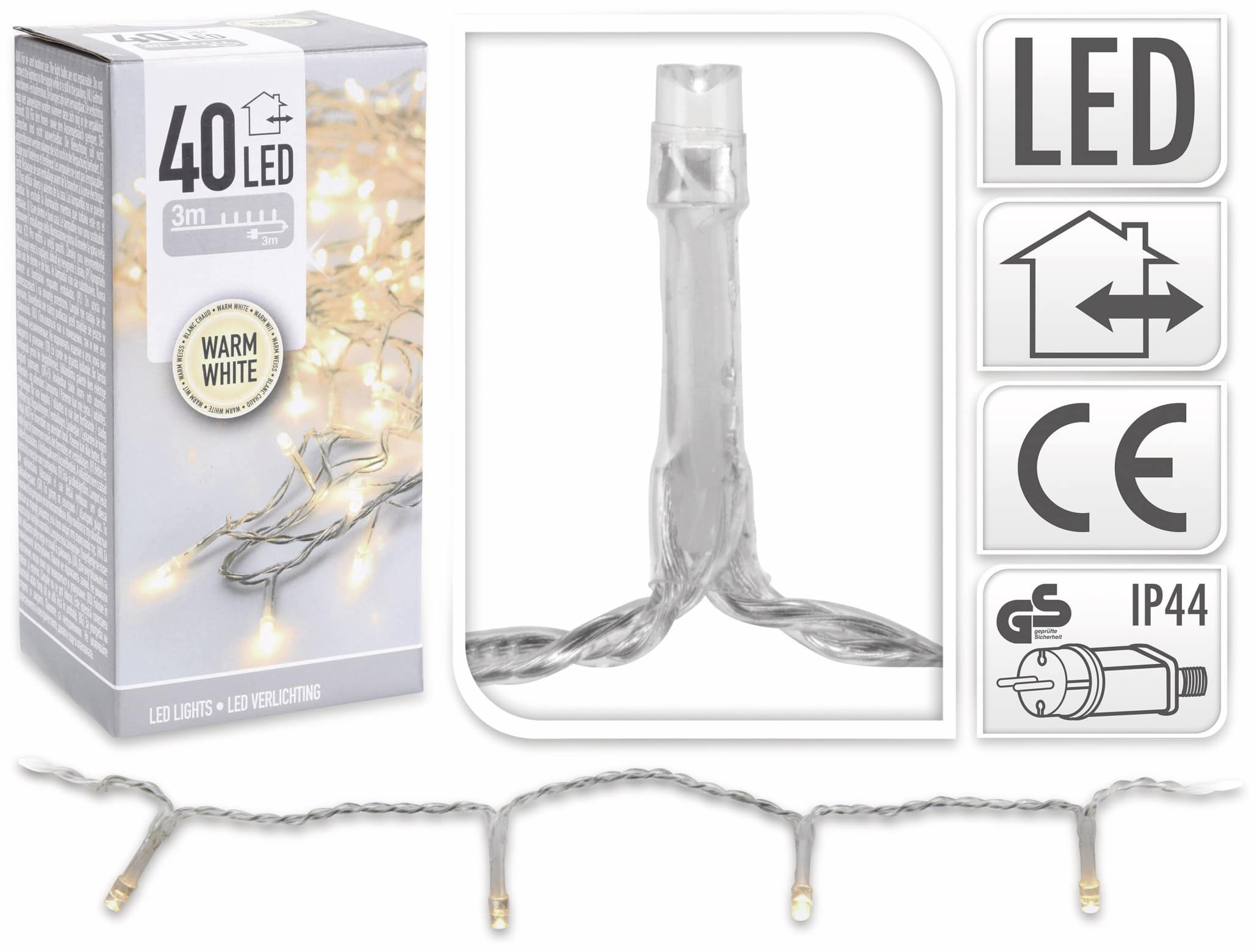 LED-Lichterkette, 40 LEDs, warmweiß, 230V~, IP44, Innen/Außen, Kabelfarbe silber/transparent