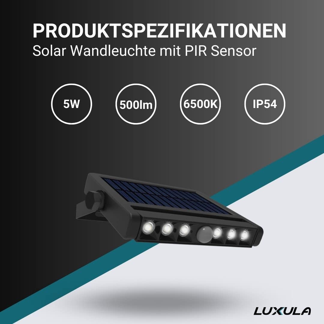 LUXULA Solar LED-Wandleuchte, 5 W, 500 Lm, PIR-Sensor, schwenkbar