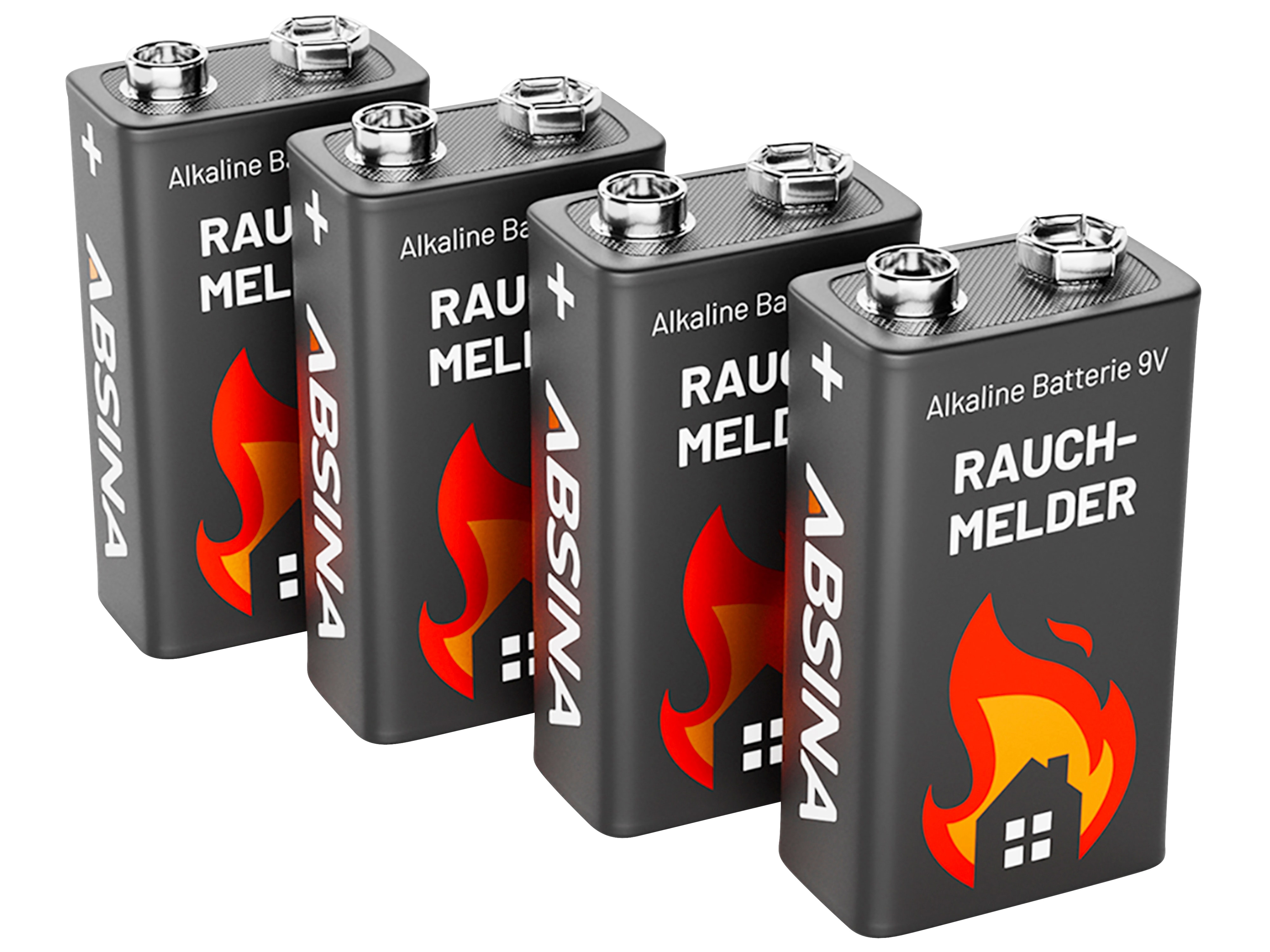 ABSINA 9V-Blockbatterie, Alkaline, für Rauchmelder, 4 Stück 