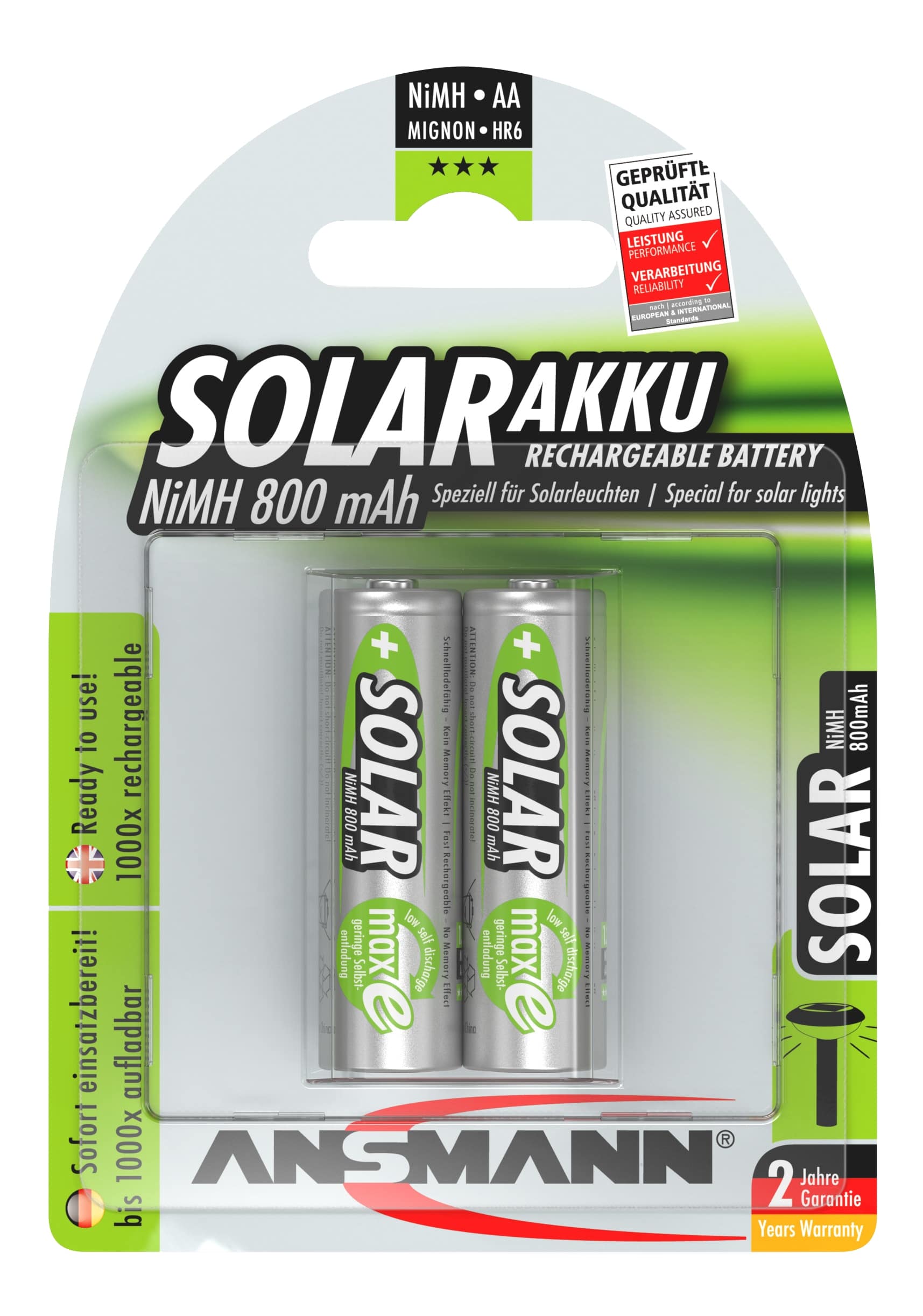 ANSMANN Solar NiMH Akku Mignon AA 800 mAh maxE 2-Stück 