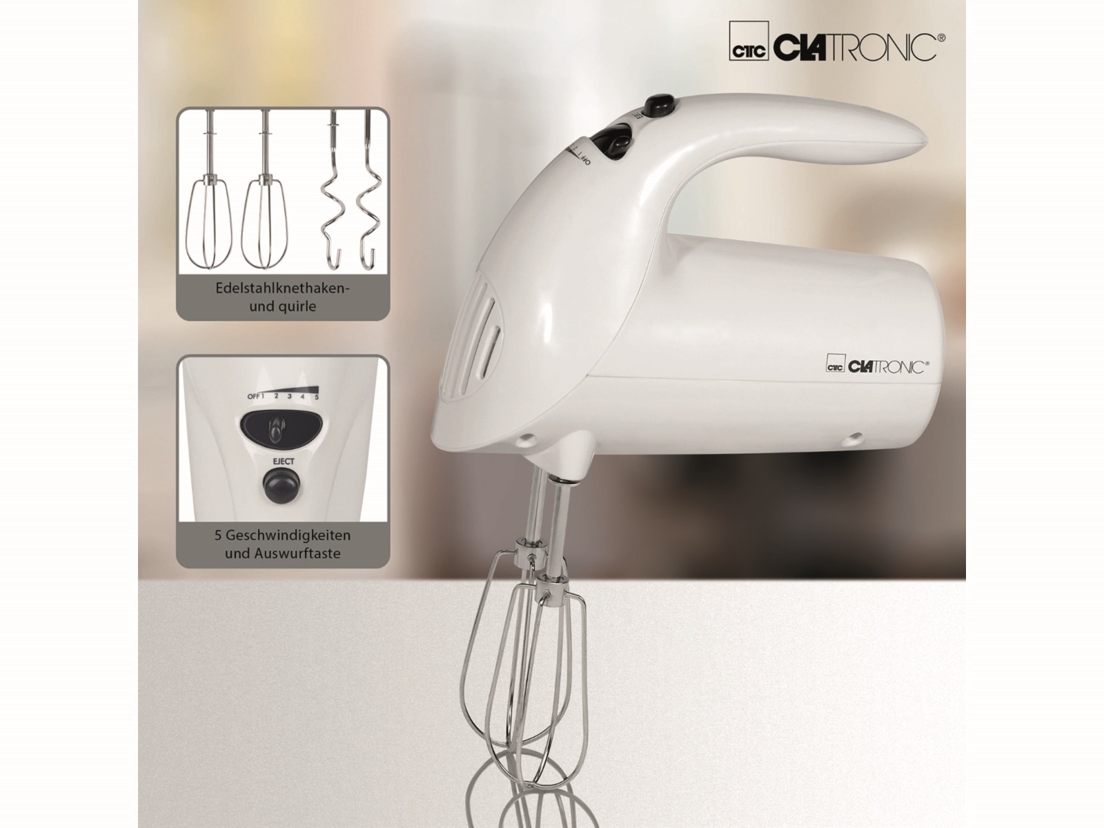 CLATRONIC Handmixer HM 3014, 250 W, 5-stufig, weiß