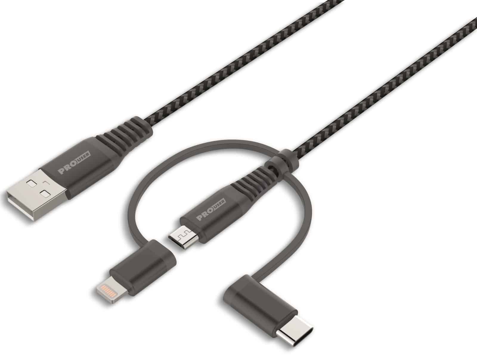 PROUSER USB-Kabel-Set 3-in-1, 2er-Set, 50 cm / 100 cm