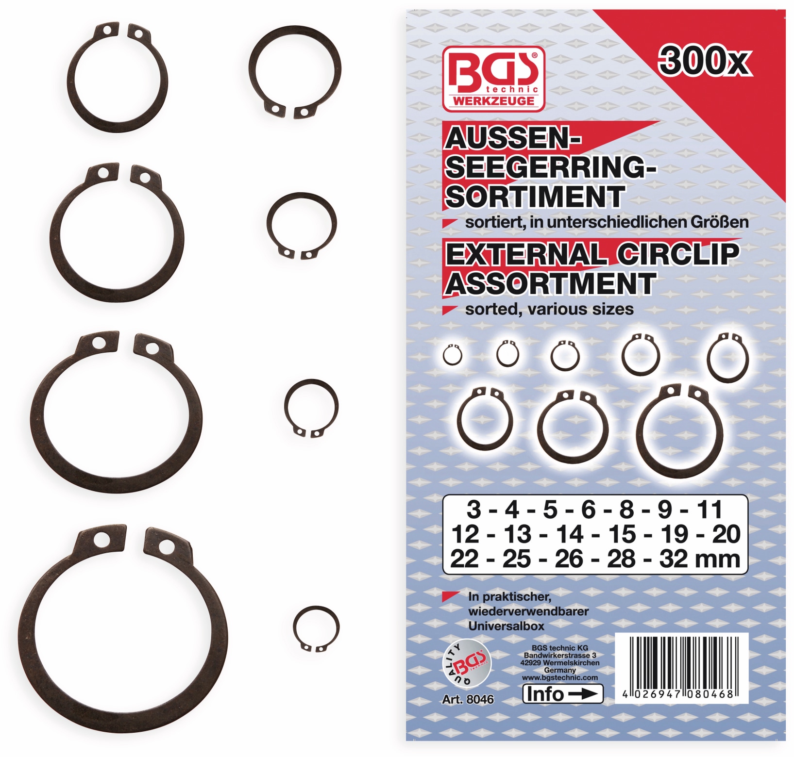 BGS TECHNIC Außen-Seegering-Set, 8046, Ø3...32 mm, 300-tlg