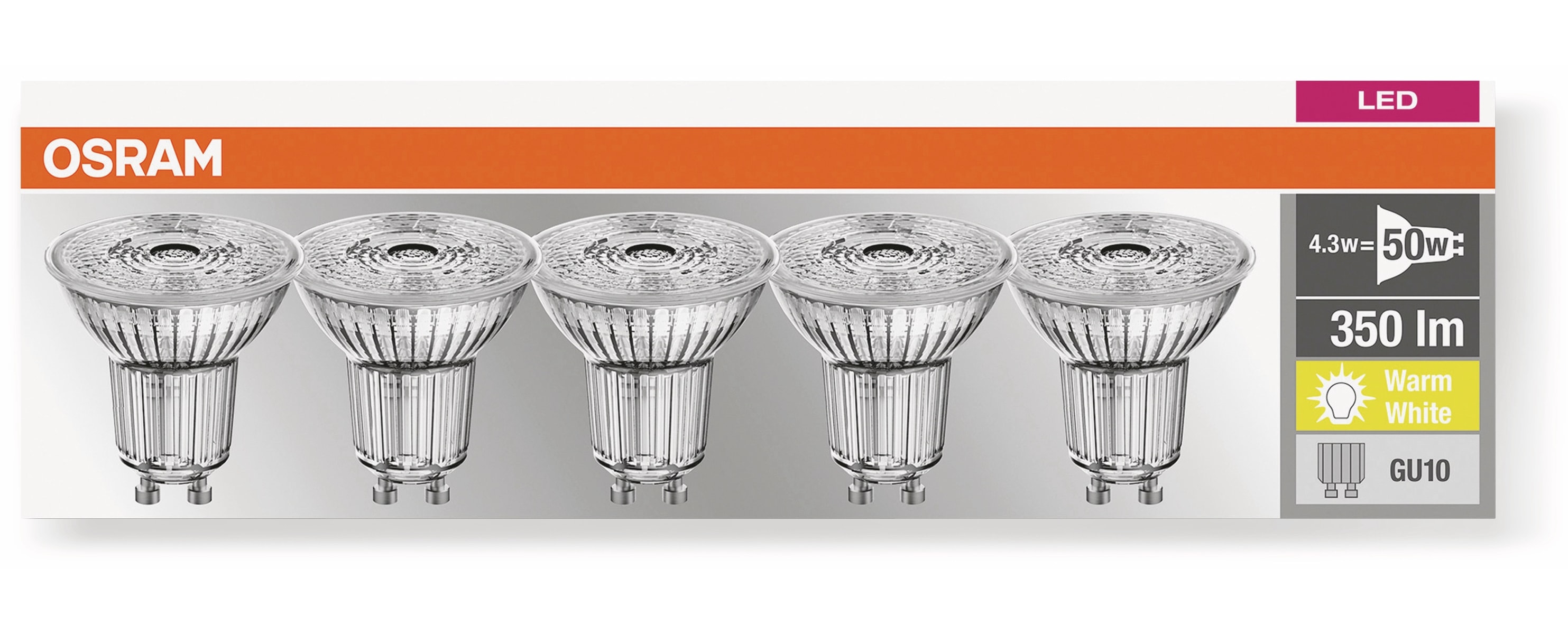 OSRAM LED-Lampe LED BASE PAR16, GU10, EEK F, 4,3 W, 350 lm, 2700 K, 5 Stk.