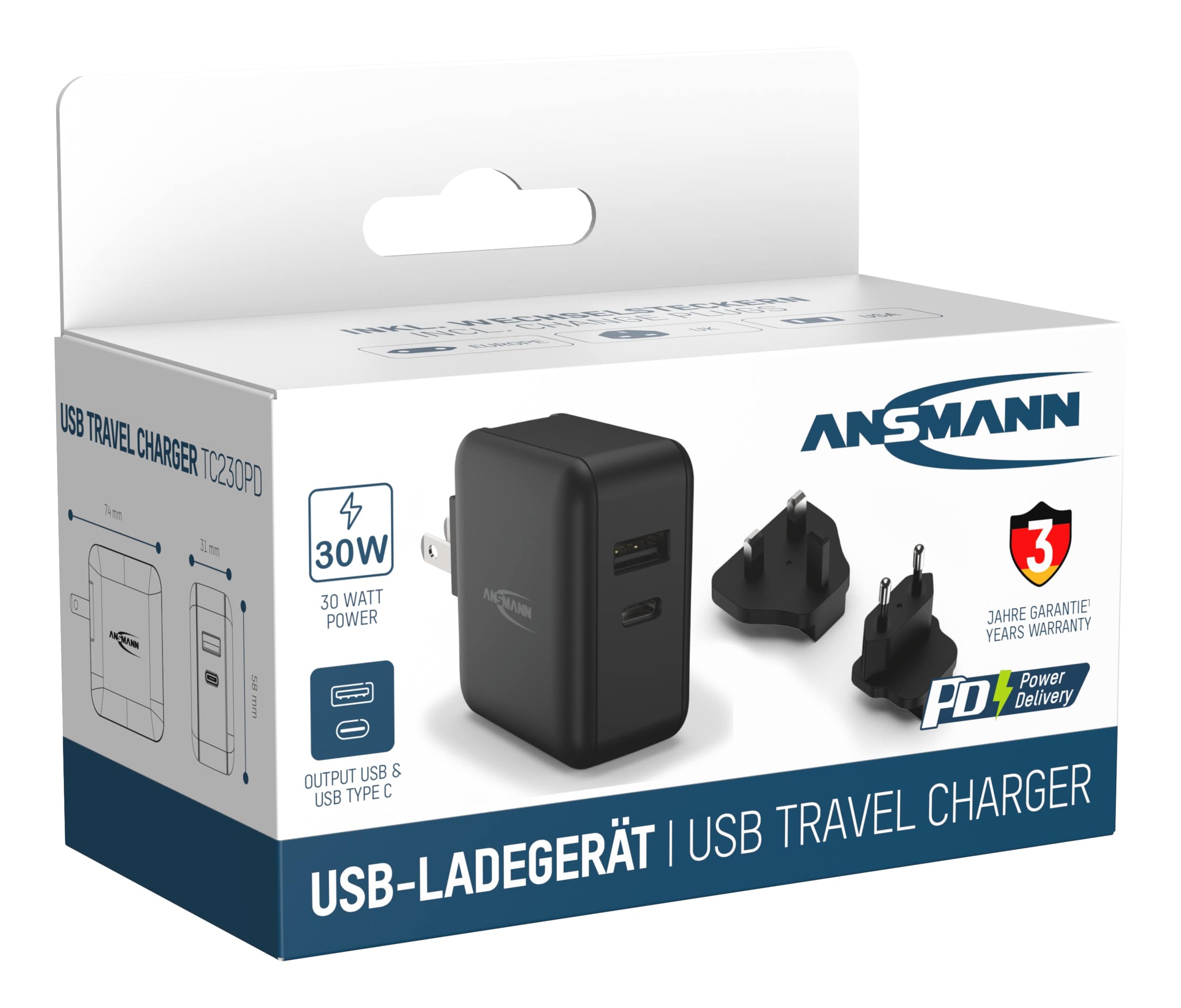 ANSMANN USB-Ladegerät Travel Charger TC230PD  3. 0A  30 Watt 2XUSB
