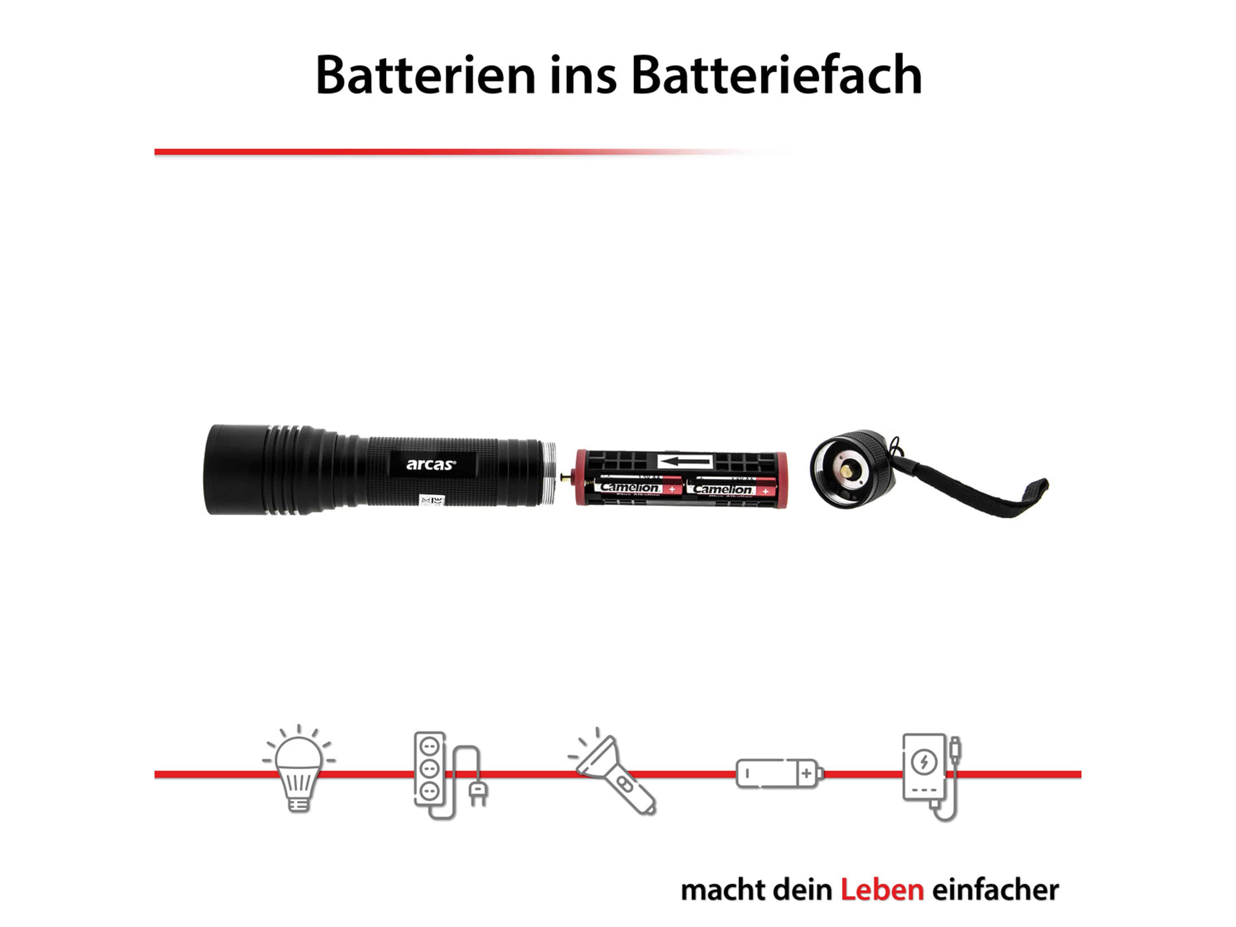 ARCAS LED-Taschenlampe, 18 W, 1600 lm, Zoom, Aluminium, schwarz