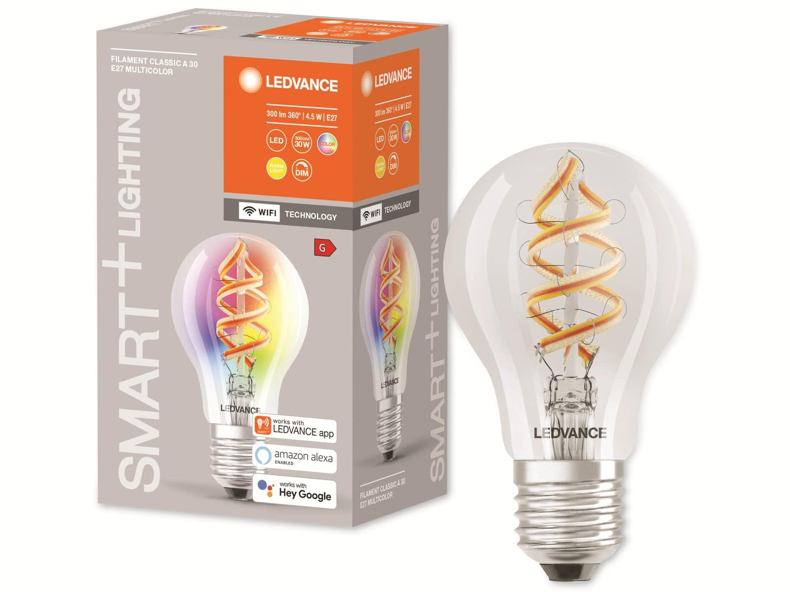 LEDVANCE LED-Filament-Lampe, CLA30D, E27, EEK: G, 4,5W, 300lm, 2700K, WiFi