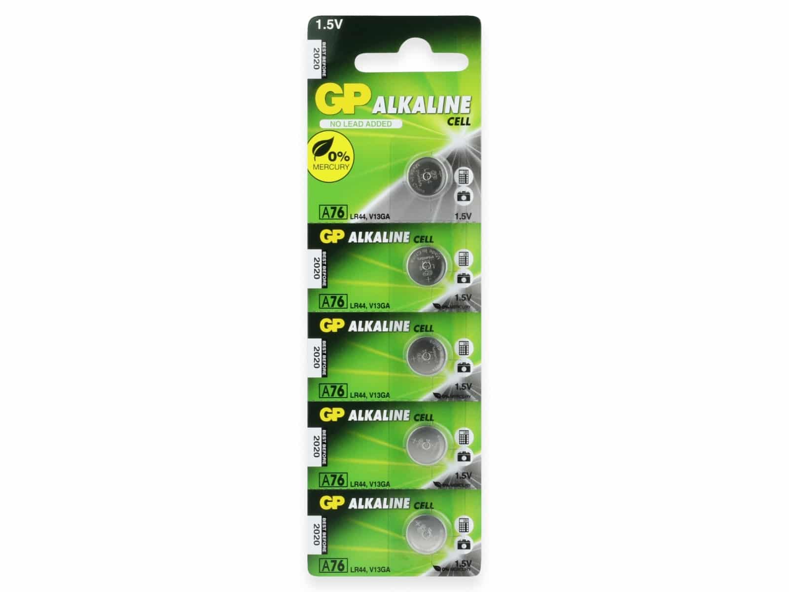 GP Knopfzelle LR44, Alkaline, 1,5 V-, 5 Stück