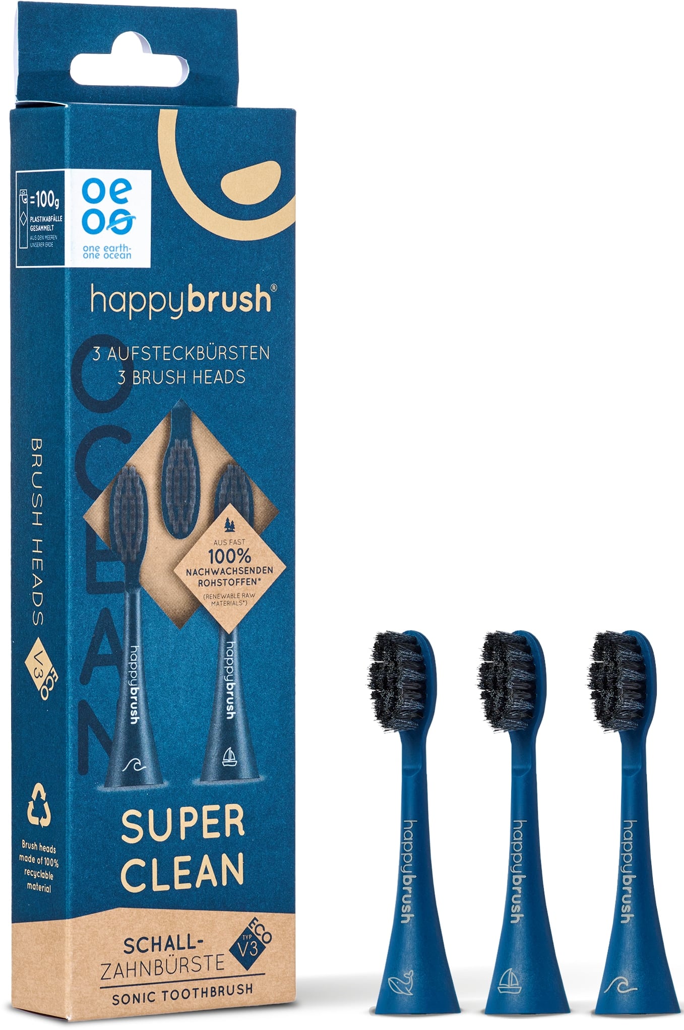 HAPPYBRUSH Ersatz-Aufsteckbürsten Ocean ECO VIBE 3, 3er Set