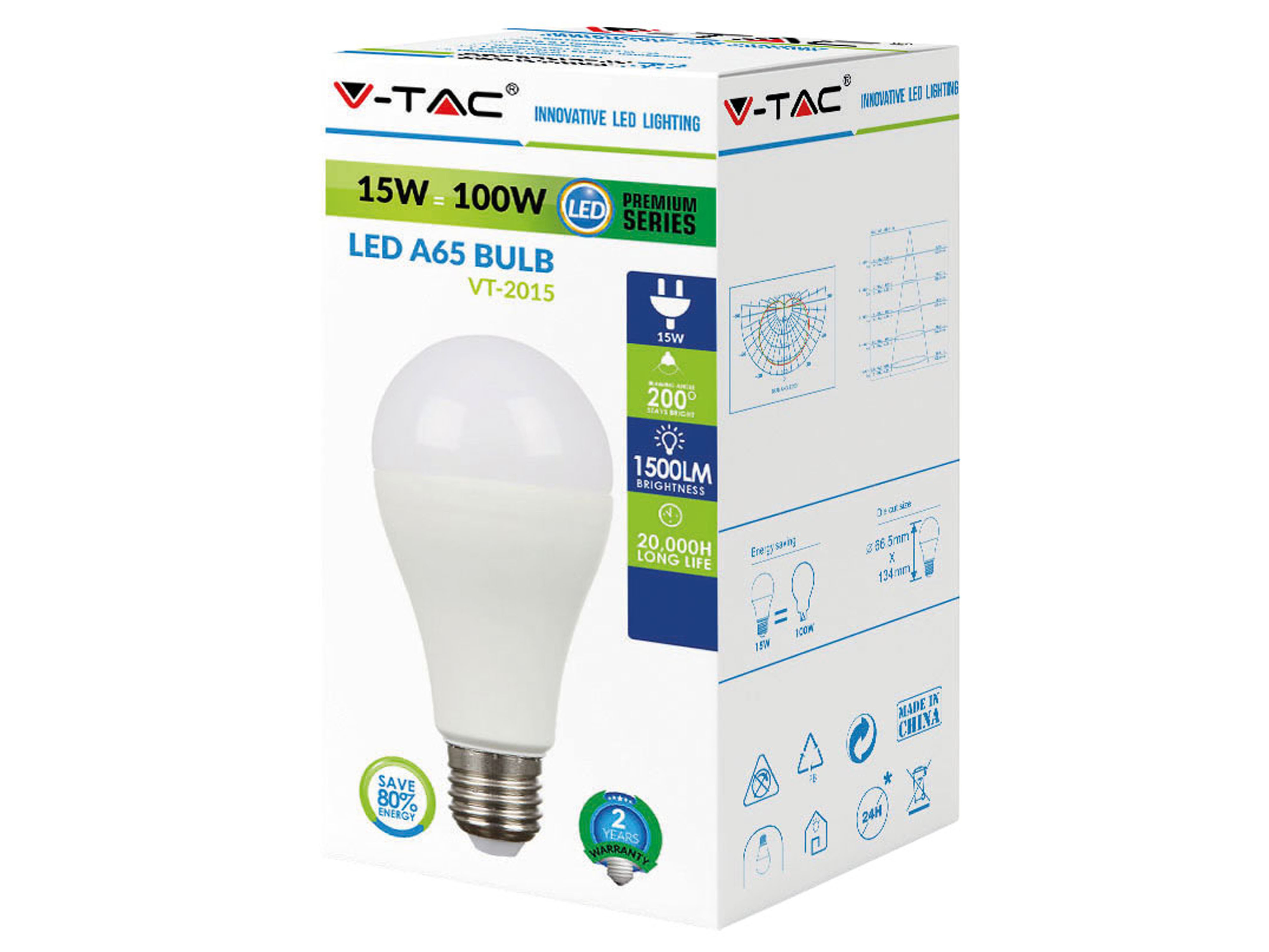 V-TAC LED-Lampe VT-2015(4453), E27, EEK: F, 15 W, 1350 lm, 2700 K