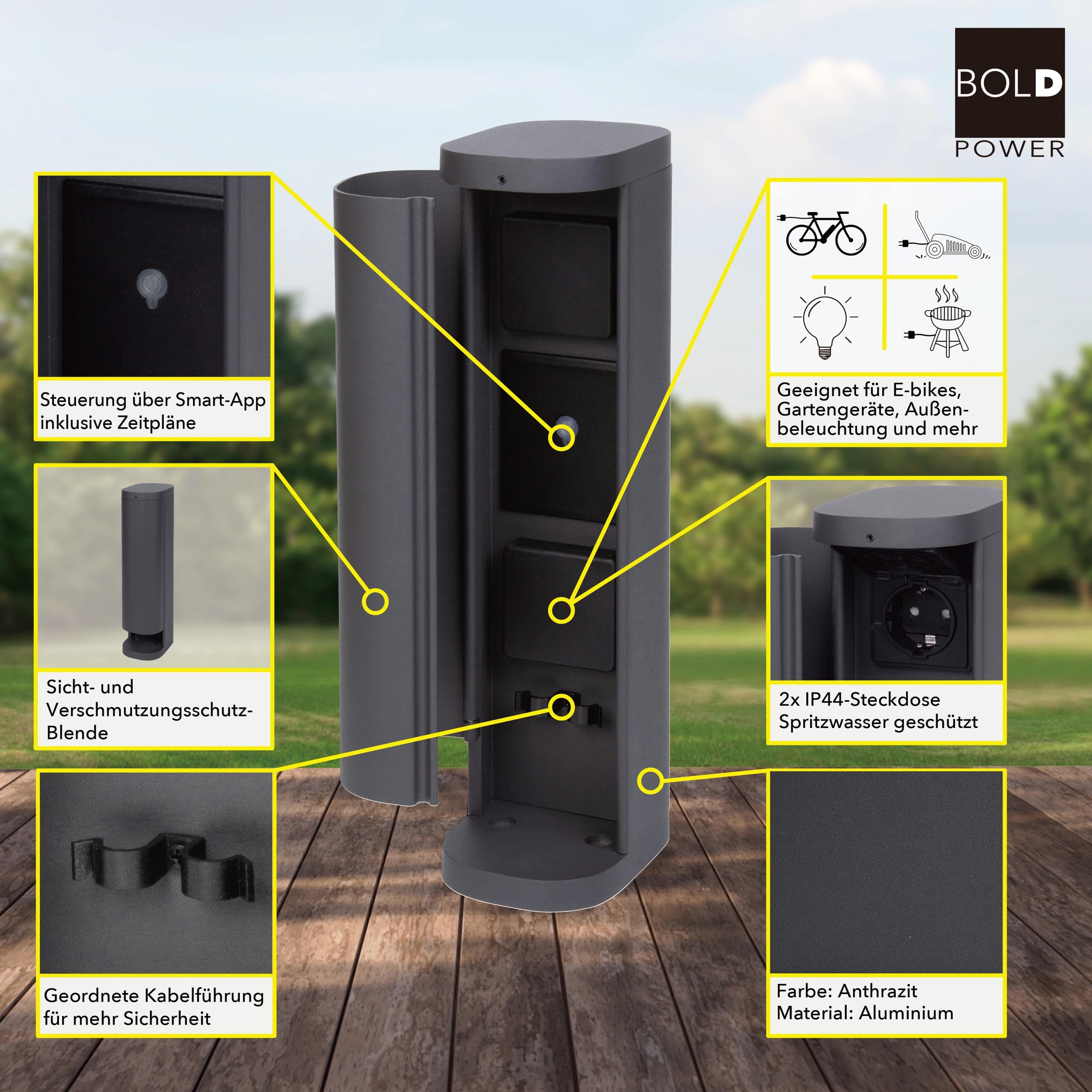 BOLD POWER Steckdosenturm Volo 10636, 2-fach, IP44, Smart, WiFi, anthrazit