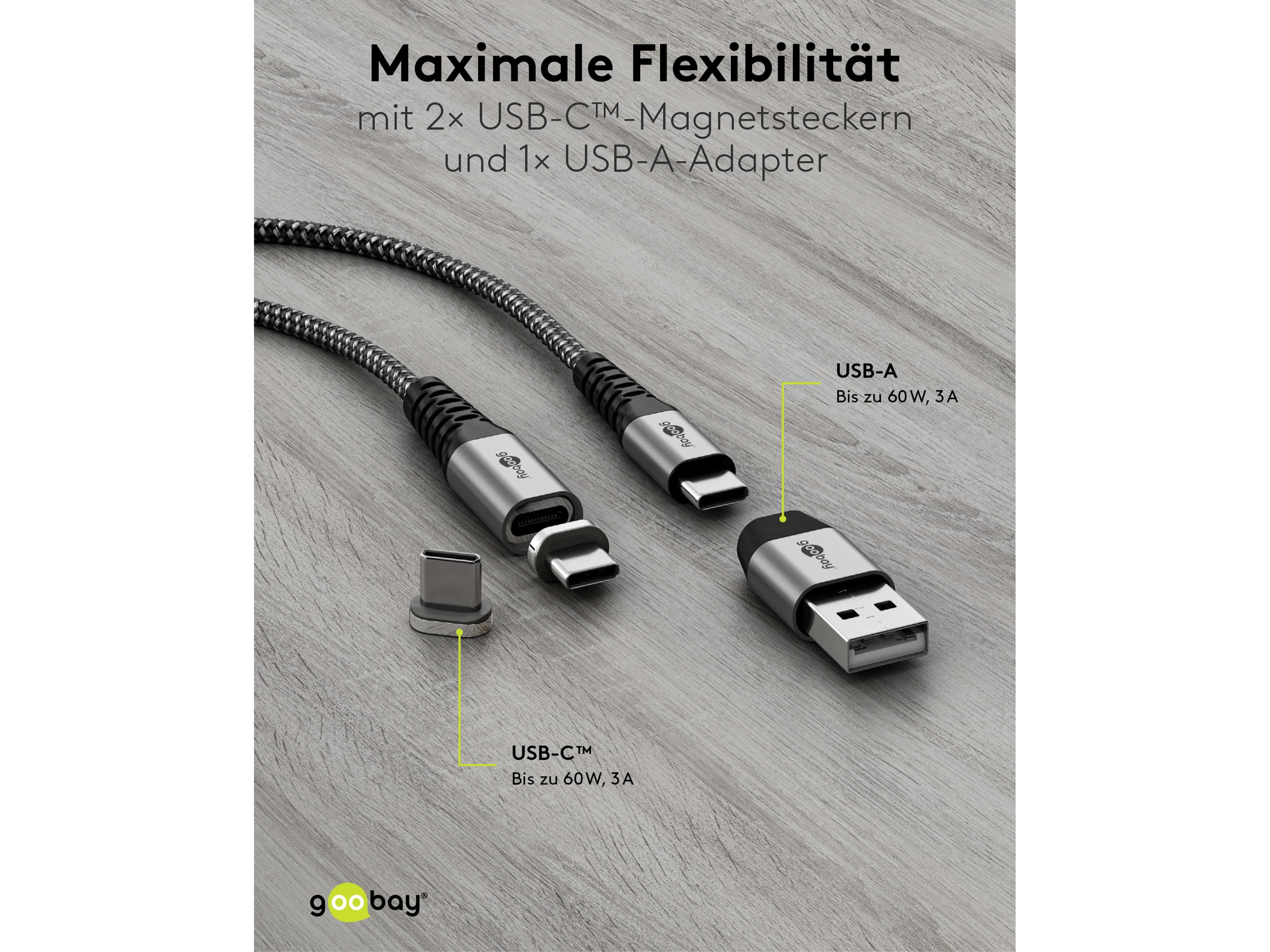 GOOBAY USB-Ladekabel 2in1 USB-C/USB-A auf USB_C Magnetadapter 1m im Textilmantel