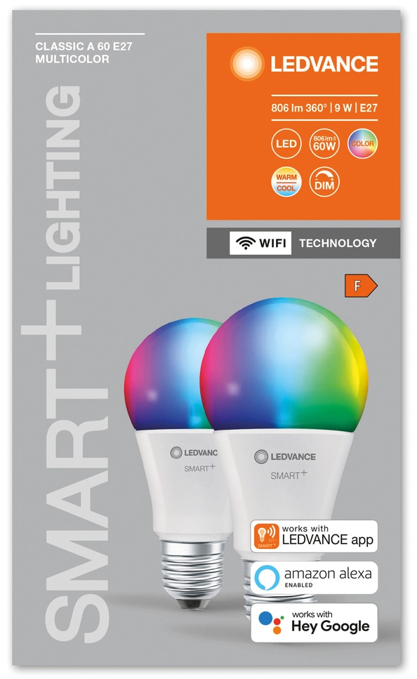 LEDVANCE LED-Lampe SMART+ WiFi Classic, A60, E27, EEK: F, 9 W, 806 lm, 2700…6500 K+RGB, Smart, 2 St