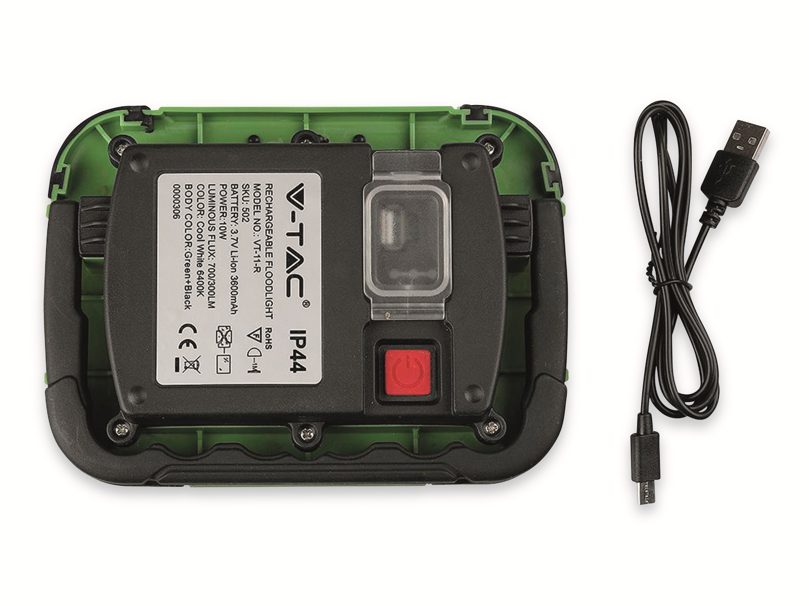 V-TAC LED-Fluter VT-11-R, 10 W, 700 lm, 6400 K, Akkubetrieb, grün/schwarz