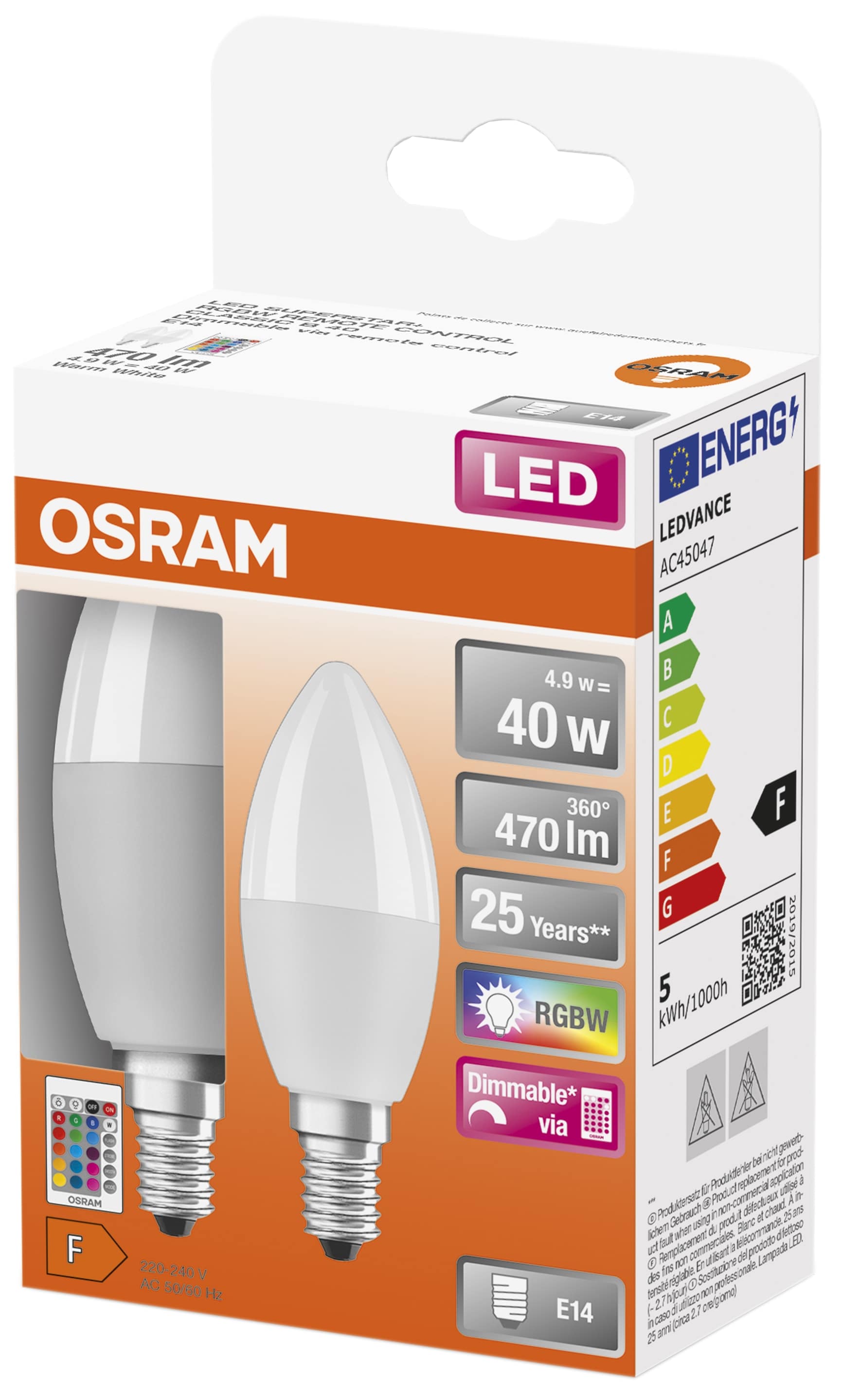 OSRAM LED-Lampe Superstar Classic, B40, E14, EEK: F, 4,9 W, 470 lm, 2700 K, RGBW, 2 Stück