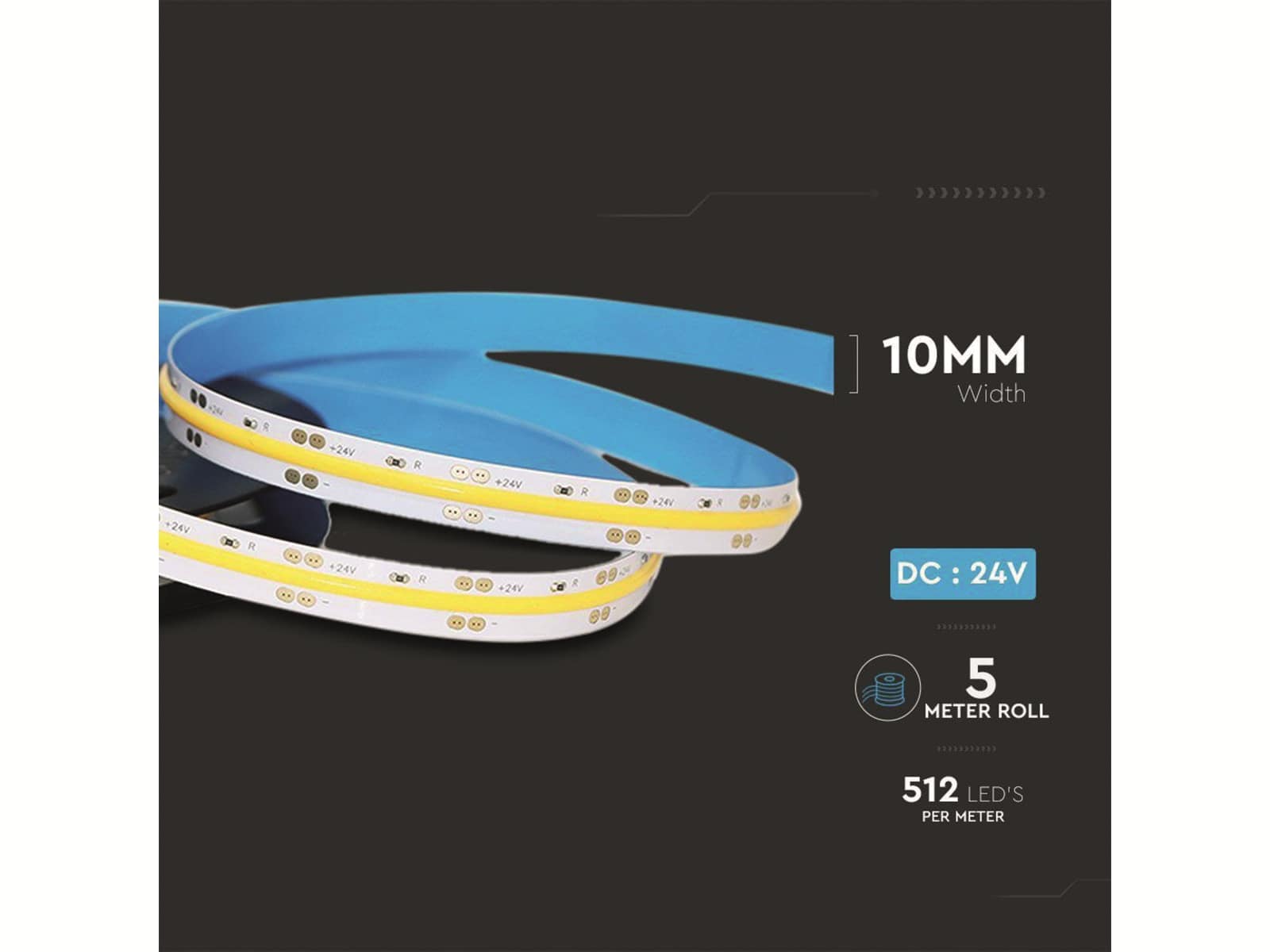 V-TAC LED-Strip VT-COB 512 (2650), 2560 LEDs, EEK: F, 60 W, 24V, 5000 lm, 4000 K, 5 m, IP 20, 90RA