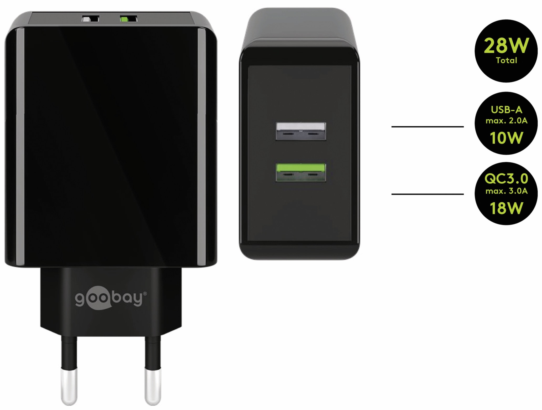 GOOBAY USB/QC-Lader 44956, 2-fach, 2+3 A, 28 W, schwarz