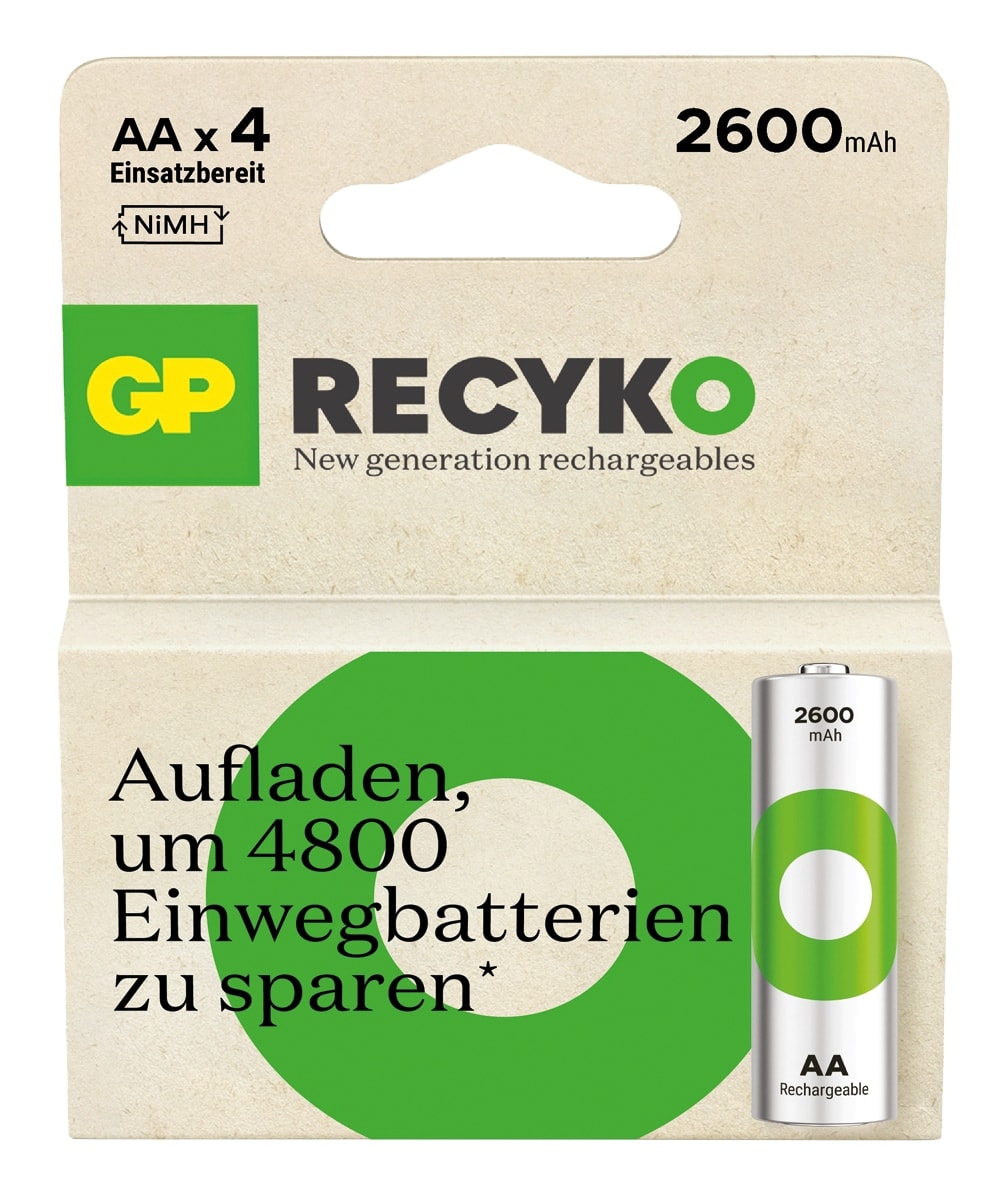 GP ReCyKO NiMH Akku Mignon, AA, HR06 1,2V/2600mAh, 4 Stück 