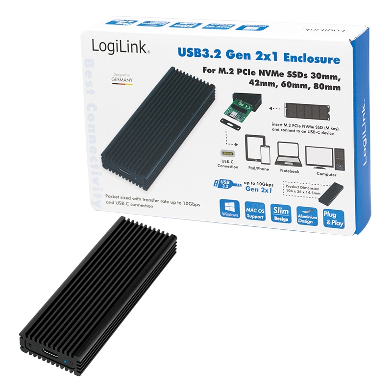 LOGILINK Festplattengehäuse UA0346, M.2 PCIe NVMe, USB 3.2 Gen 2, schwarz