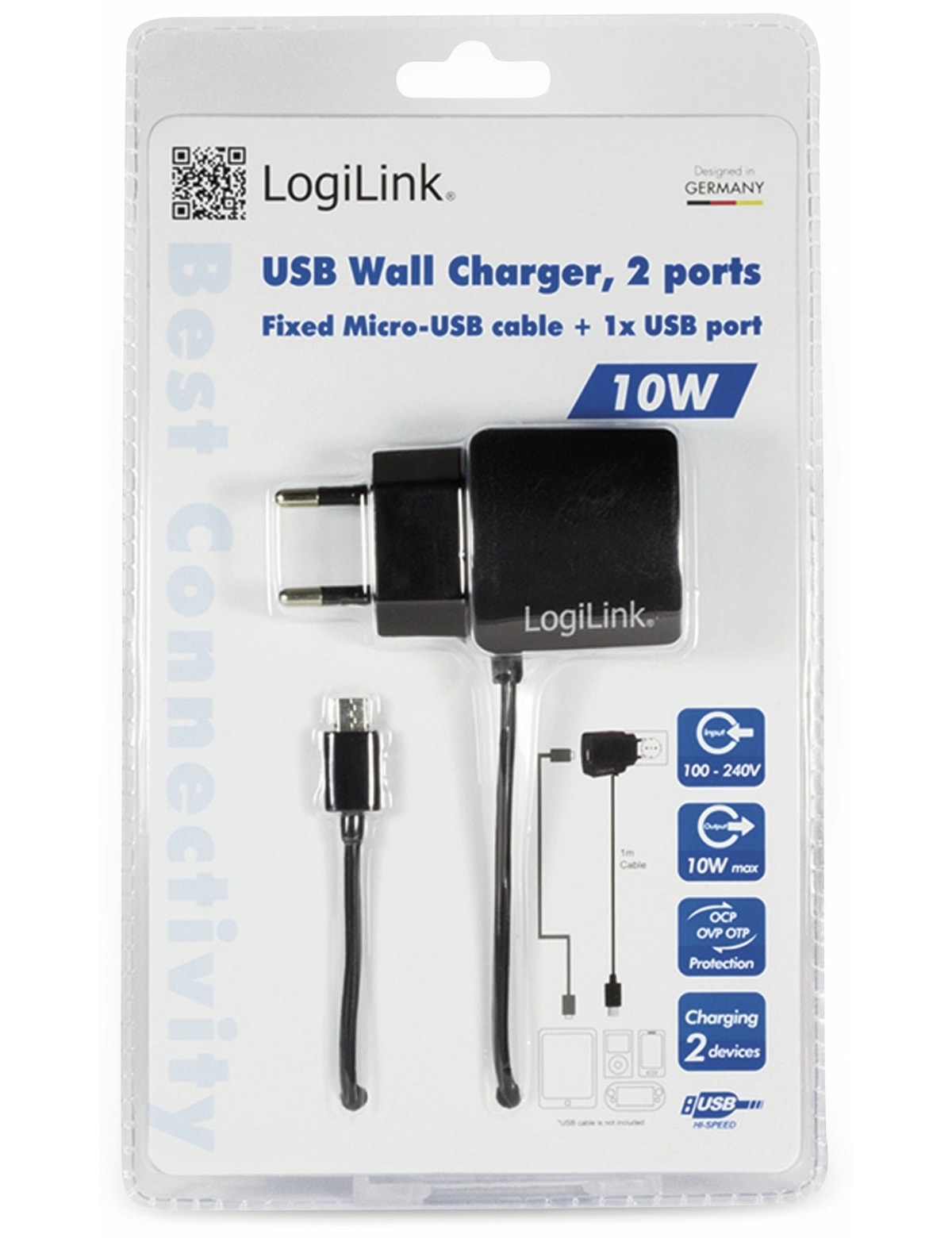 LOGILINK USB-Lader, PA0146, 2-fach,10,5W, USB, Micro-USB, schwarz