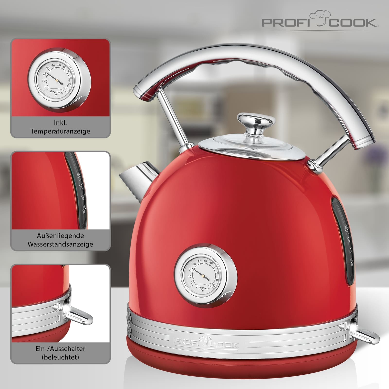 PROFI COOK Wasserkocher PC-WKS 1192, 1,7 L, 2200 W, rot