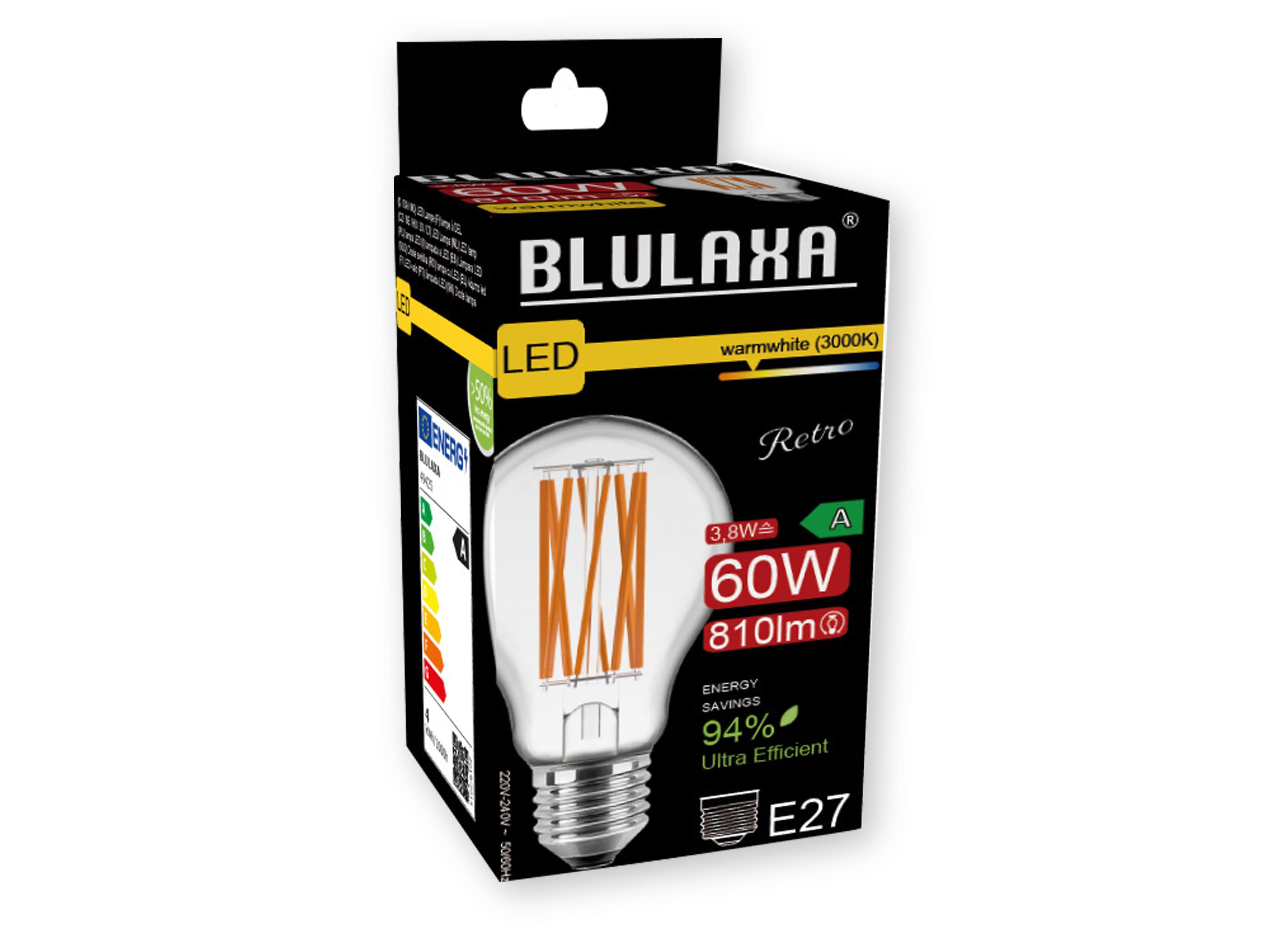 BLULAXA LED-Filament-Lampe, A60, E27, EEK: A, 3,8W, 810lm, 3000K