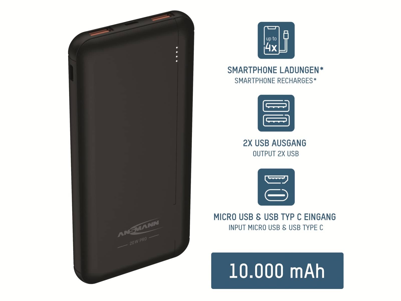 ANSMANN USB Powerbank PB320 PD, 10000 mAh, 20 Wh, 2x USB-A Port, QC 3.0