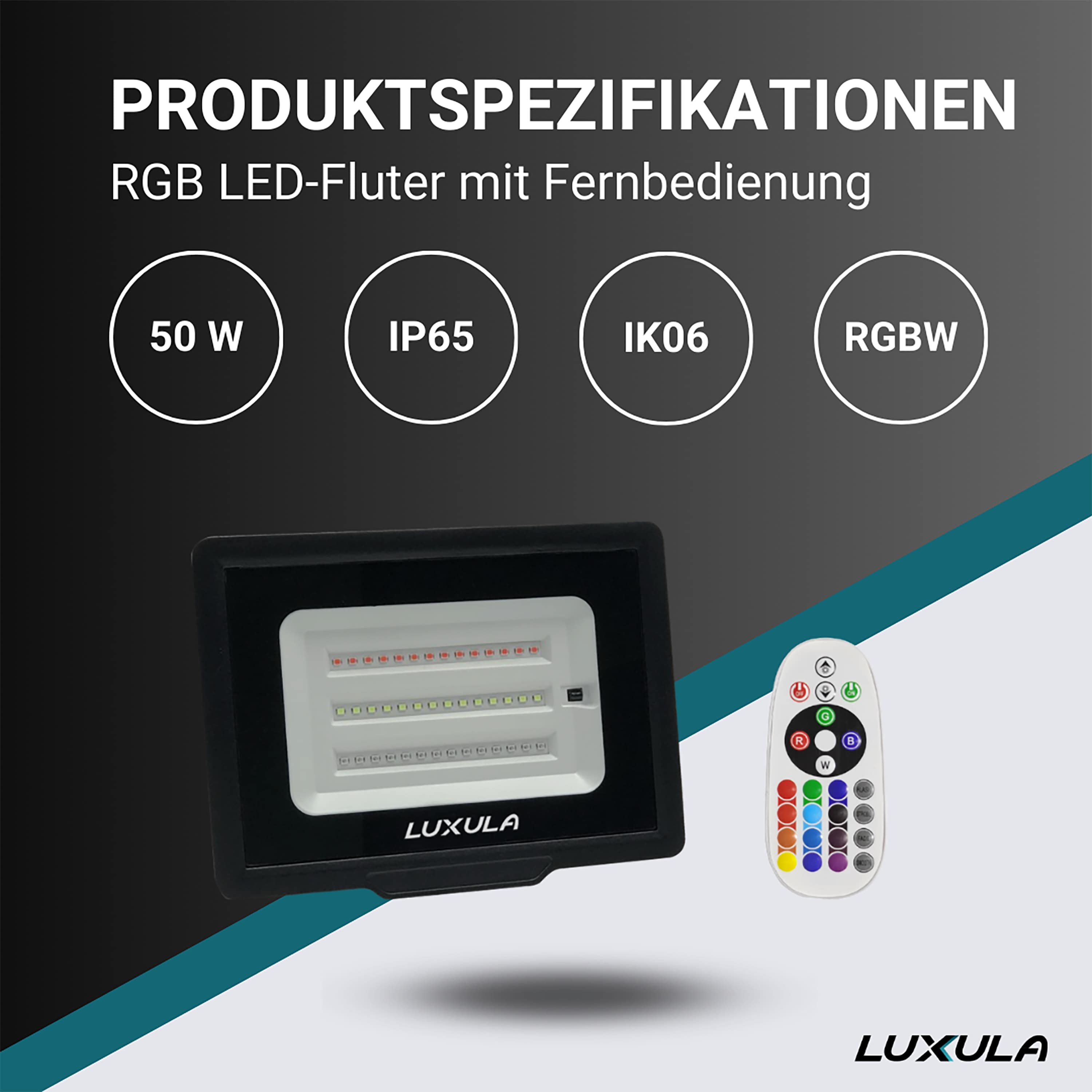 LUXULA RGB LED-Fluter LX400183, 50W, IP65, schwarz, mit Fernbedienung